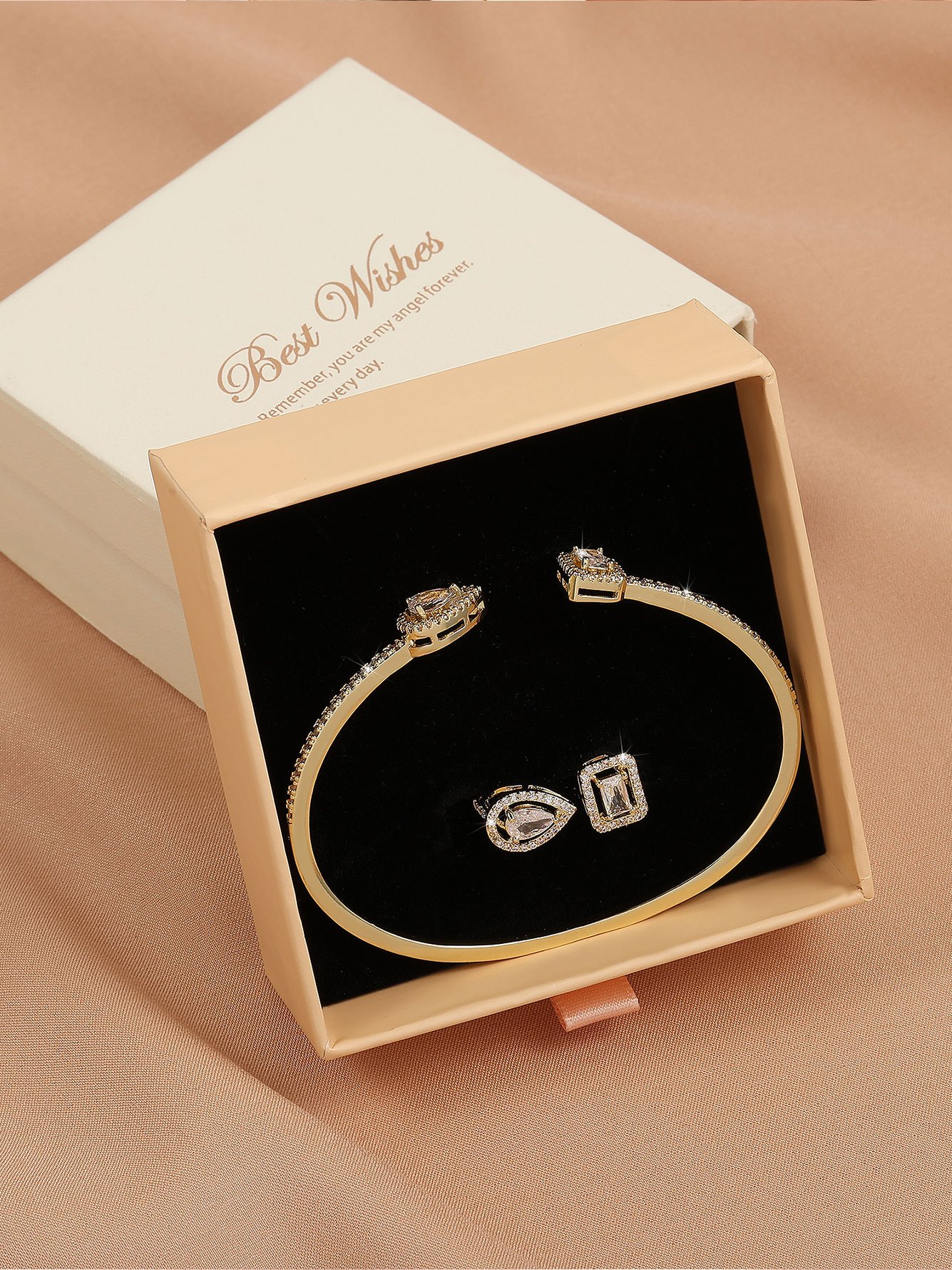 Gold Cuff Bracelet and Ring Set with Zirconia