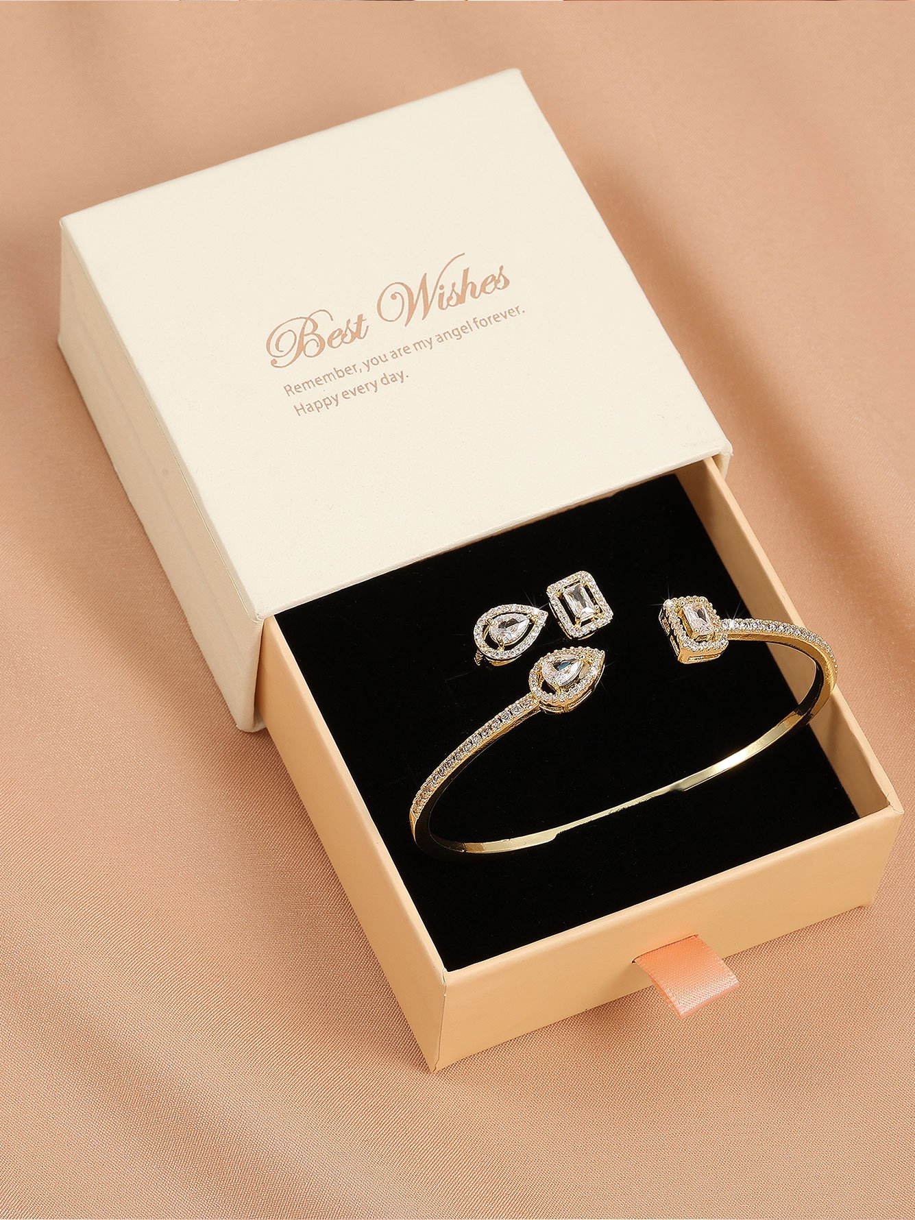 Gold Cuff Bracelet and Ring Set with Zirconia