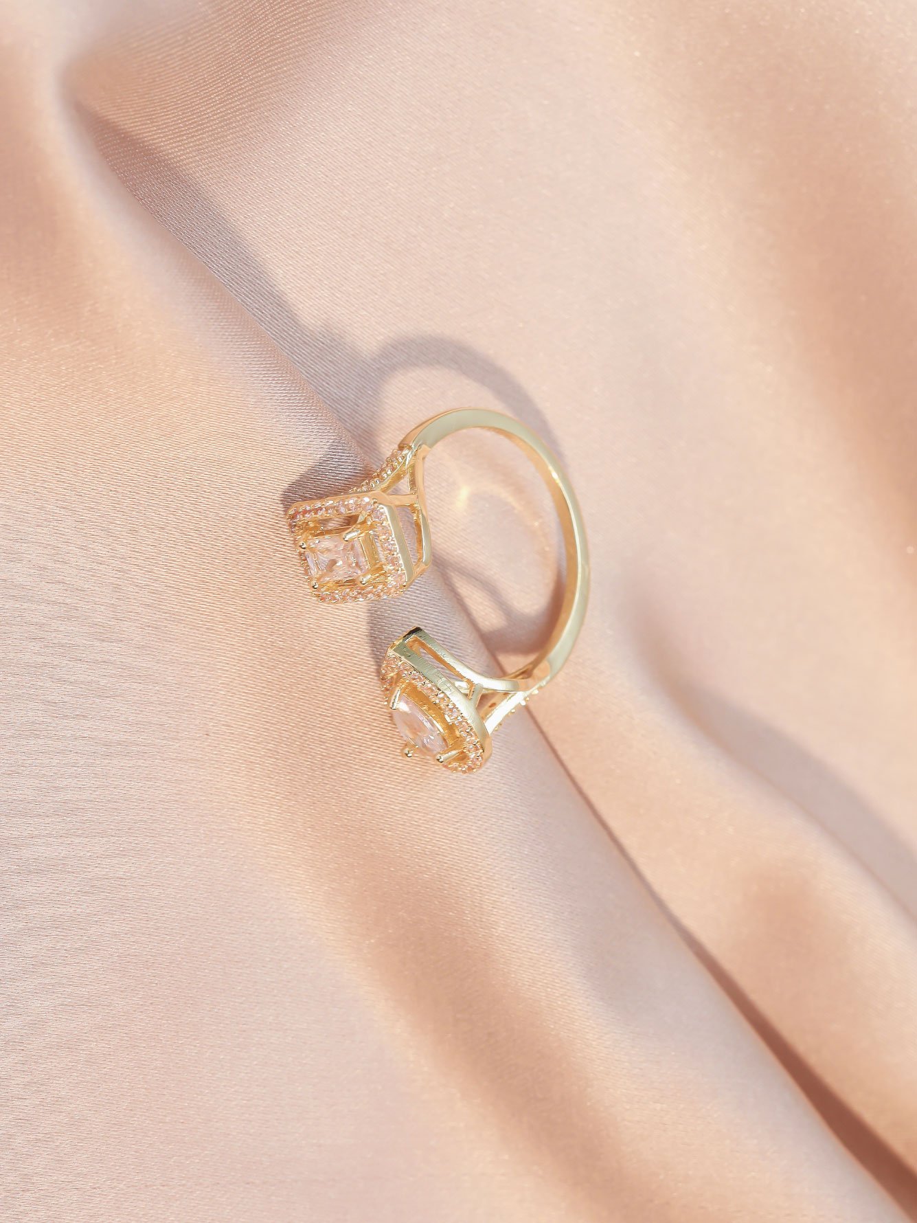 Gold Cuff Bracelet and Ring Set with Zirconia