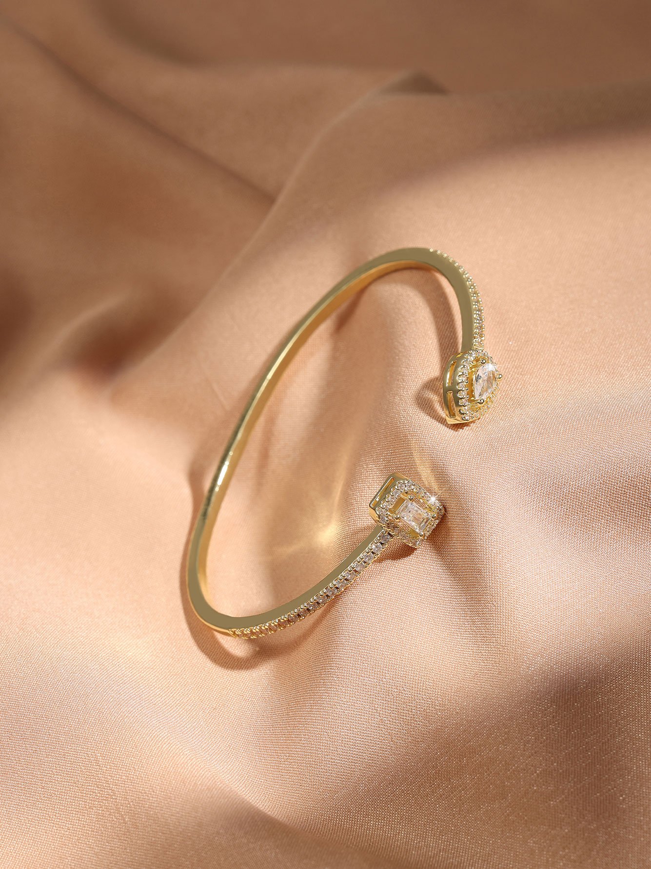 Gold Cuff Bracelet and Ring Set with Zirconia