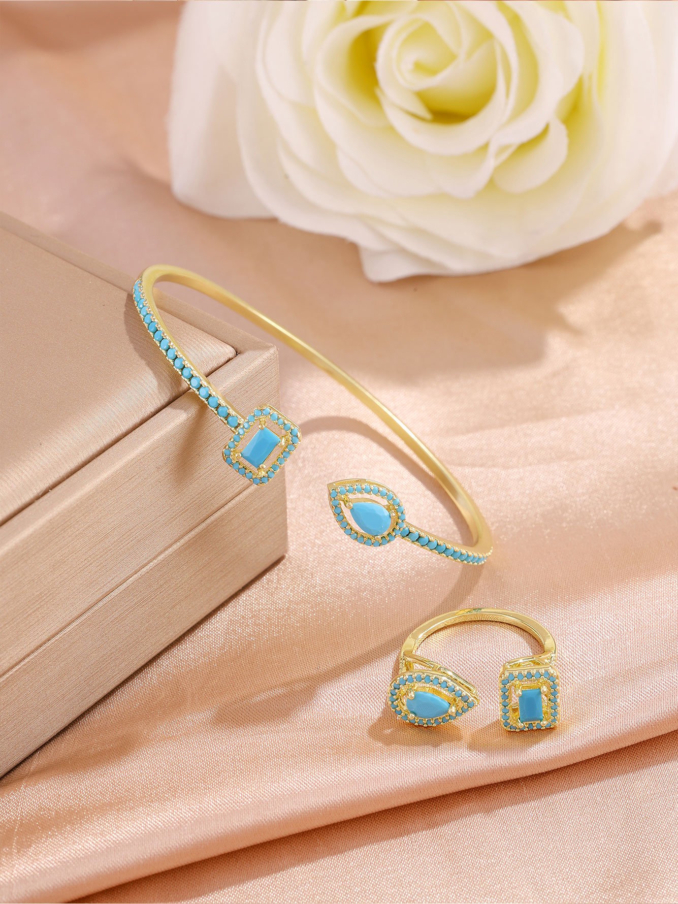 Gold Turquoise Bangle and Ring Set - 2 Piece