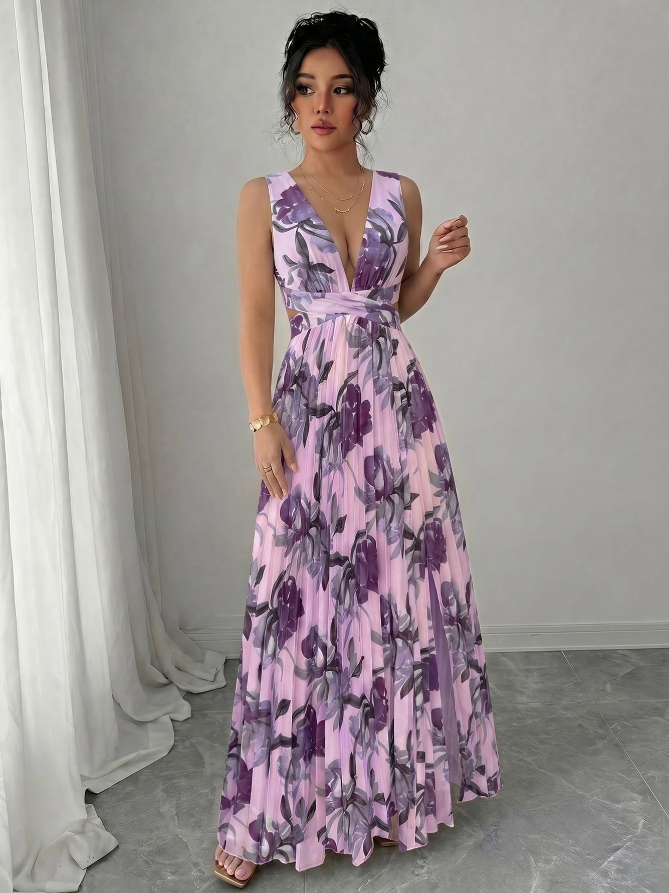 Purple Floral Print V-Neck A-Line Maxi Dress
