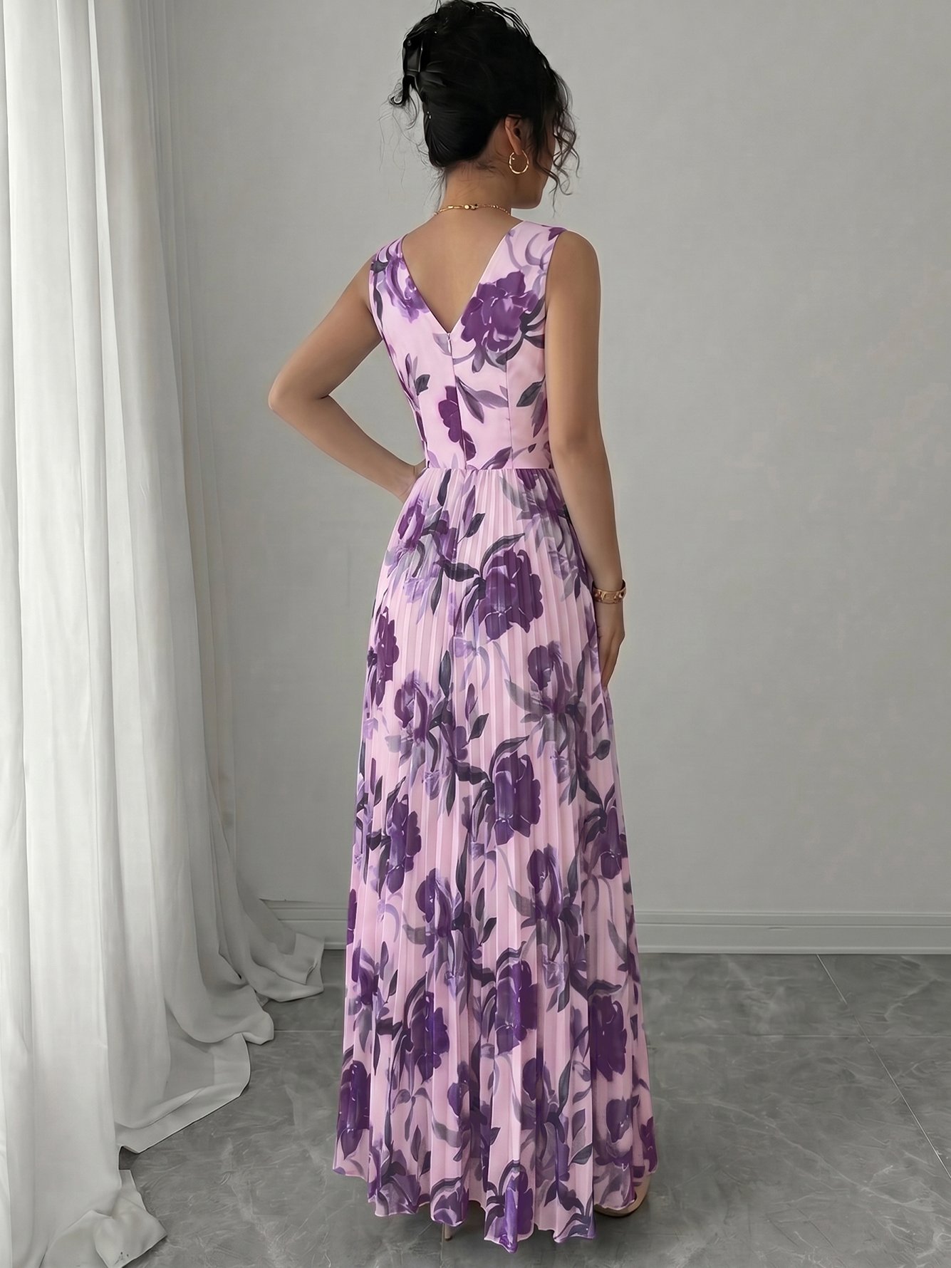 Purple Floral Print V-Neck A-Line Maxi Dress