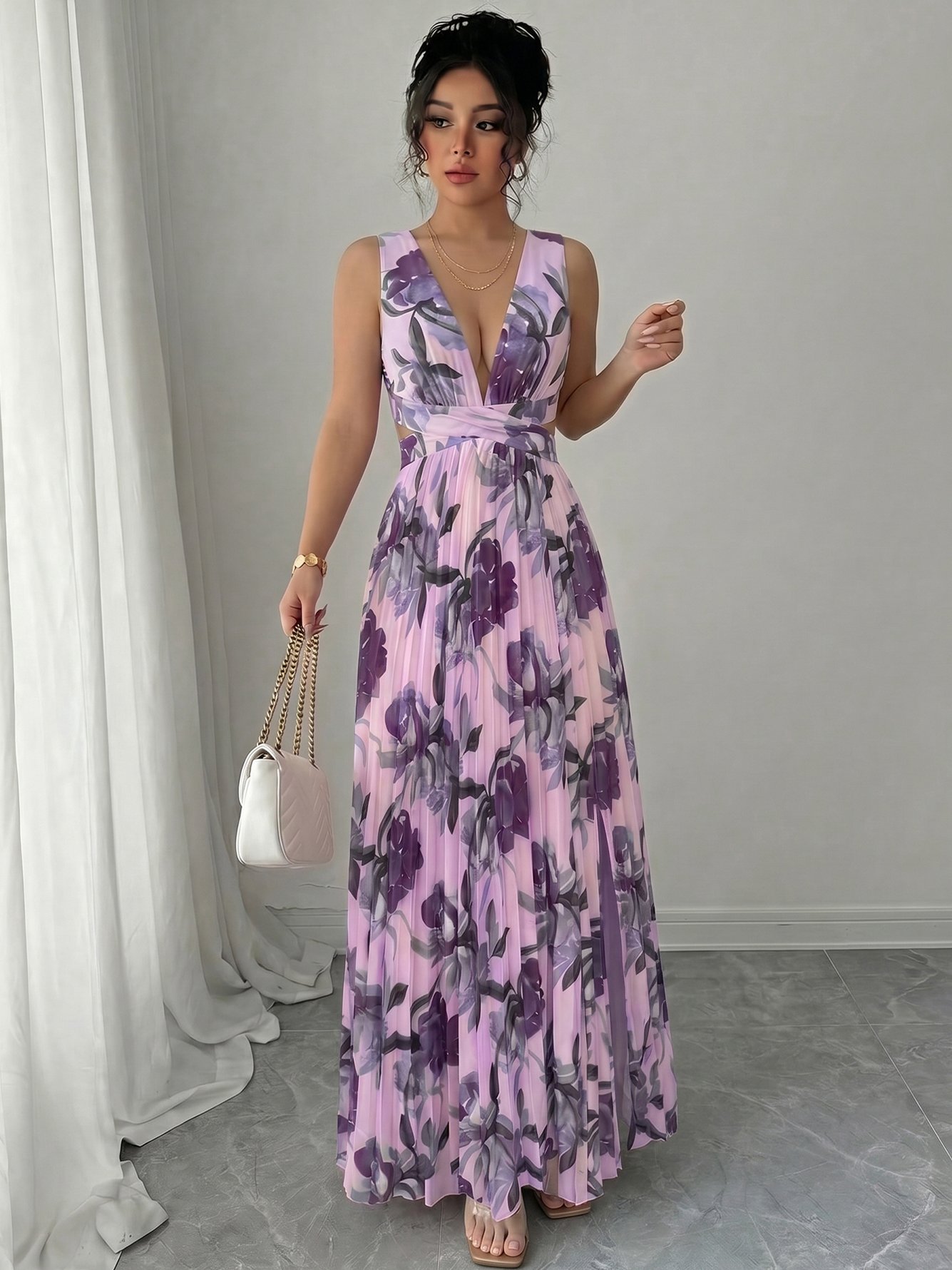Purple Floral Print V-Neck A-Line Maxi Dress