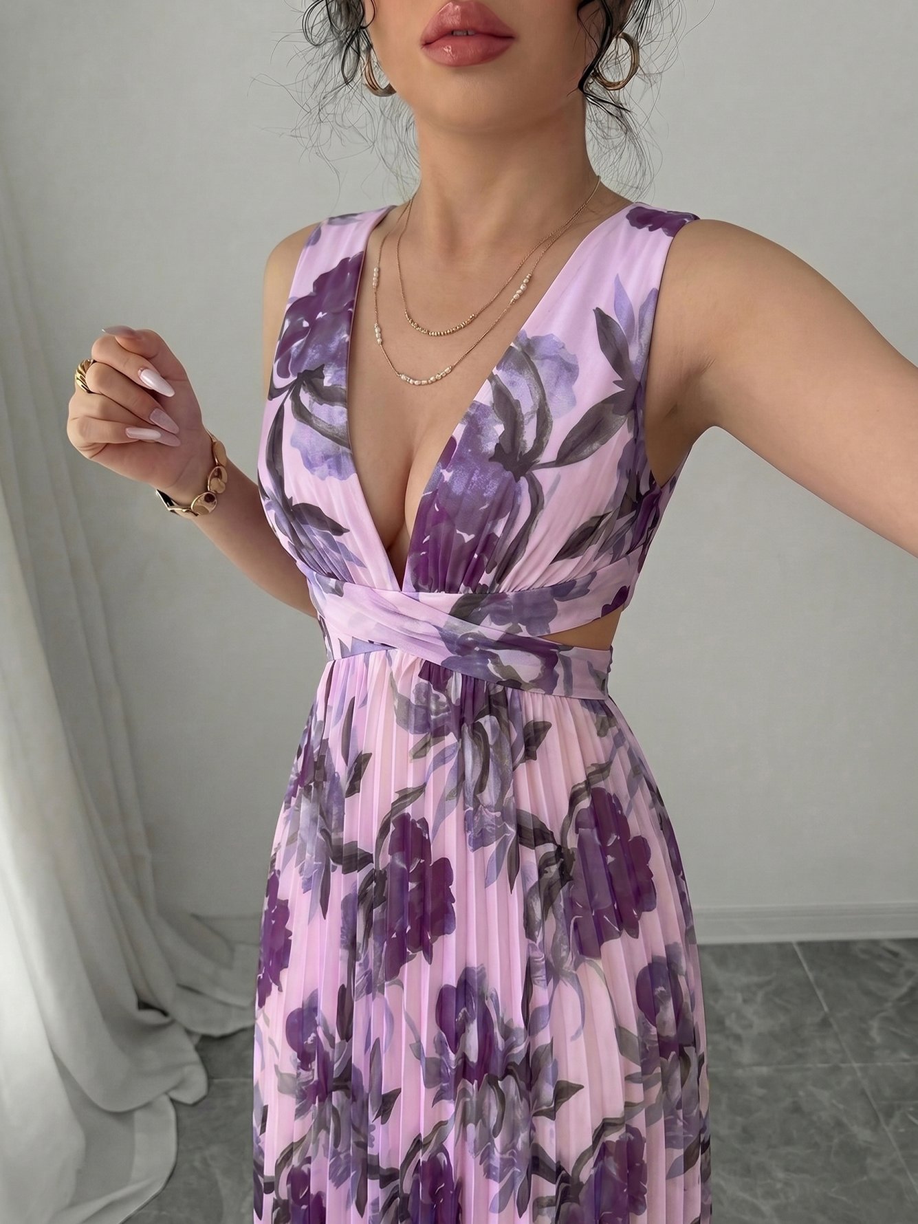 Purple Floral Print V-Neck A-Line Maxi Dress