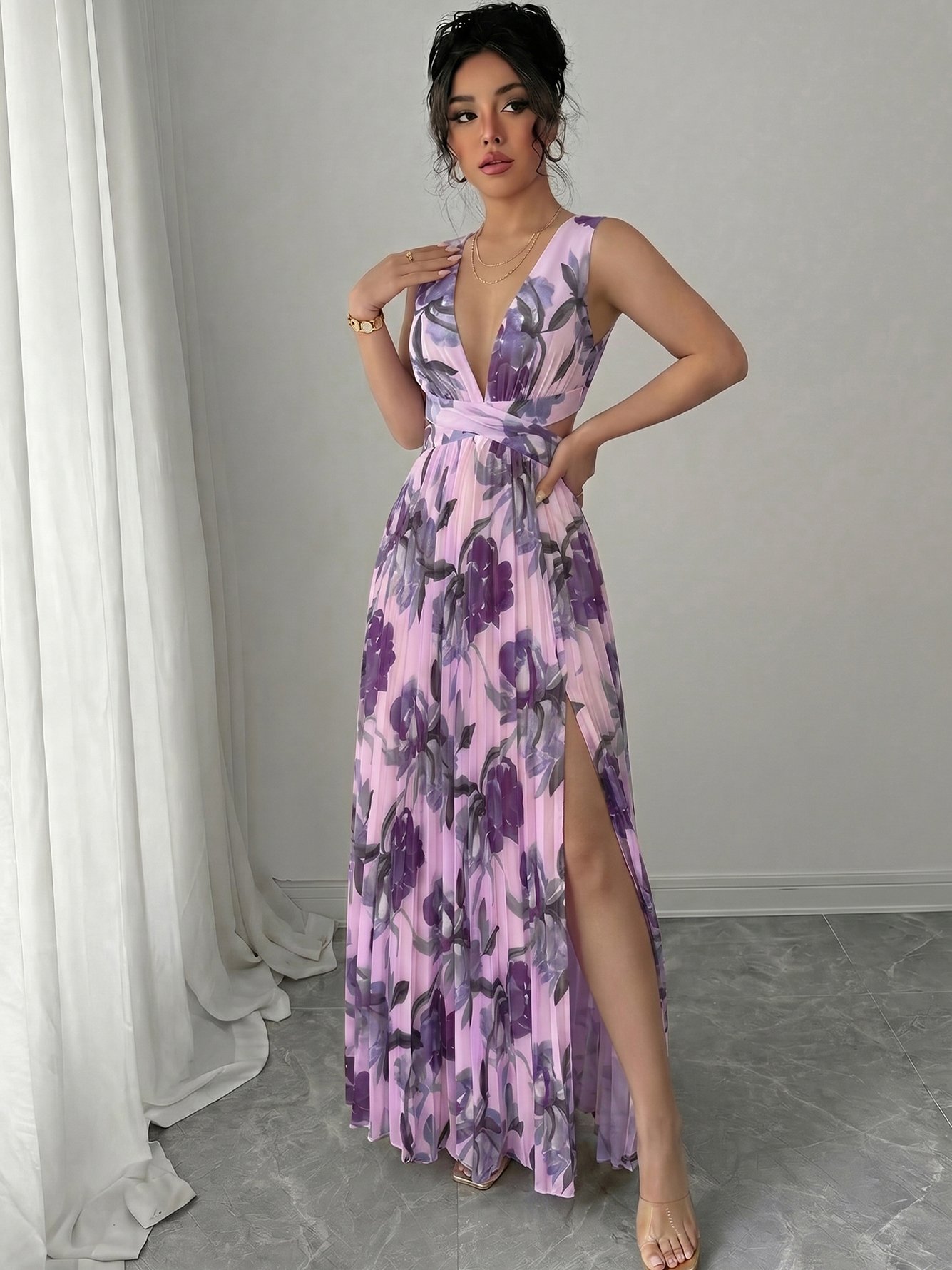 Purple Floral Print V-Neck A-Line Maxi Dress