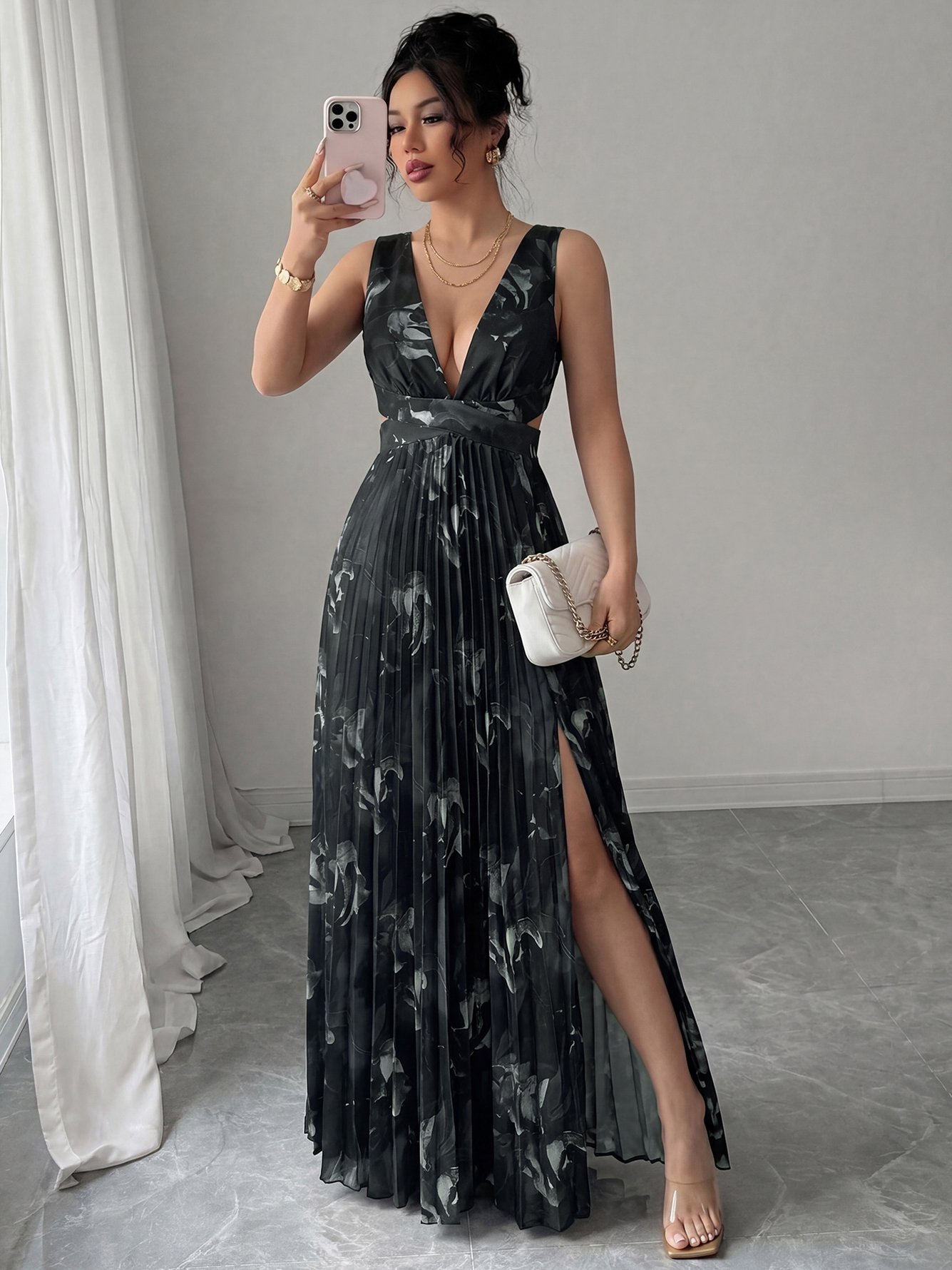 Black Floral Print Sleeveless A-Line Maxi Dress