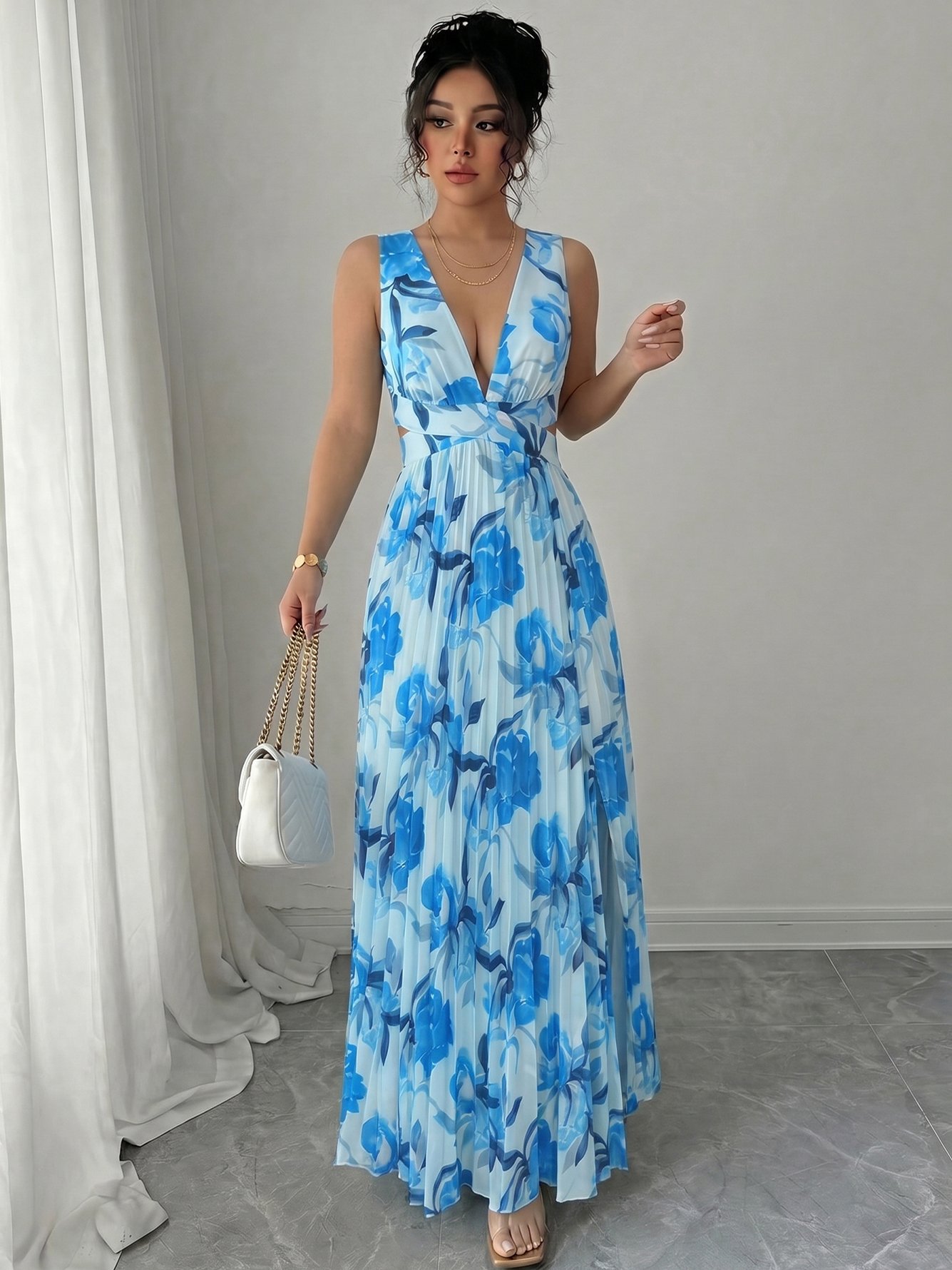 Blue Floral Print Sleeveless Maxi Dress