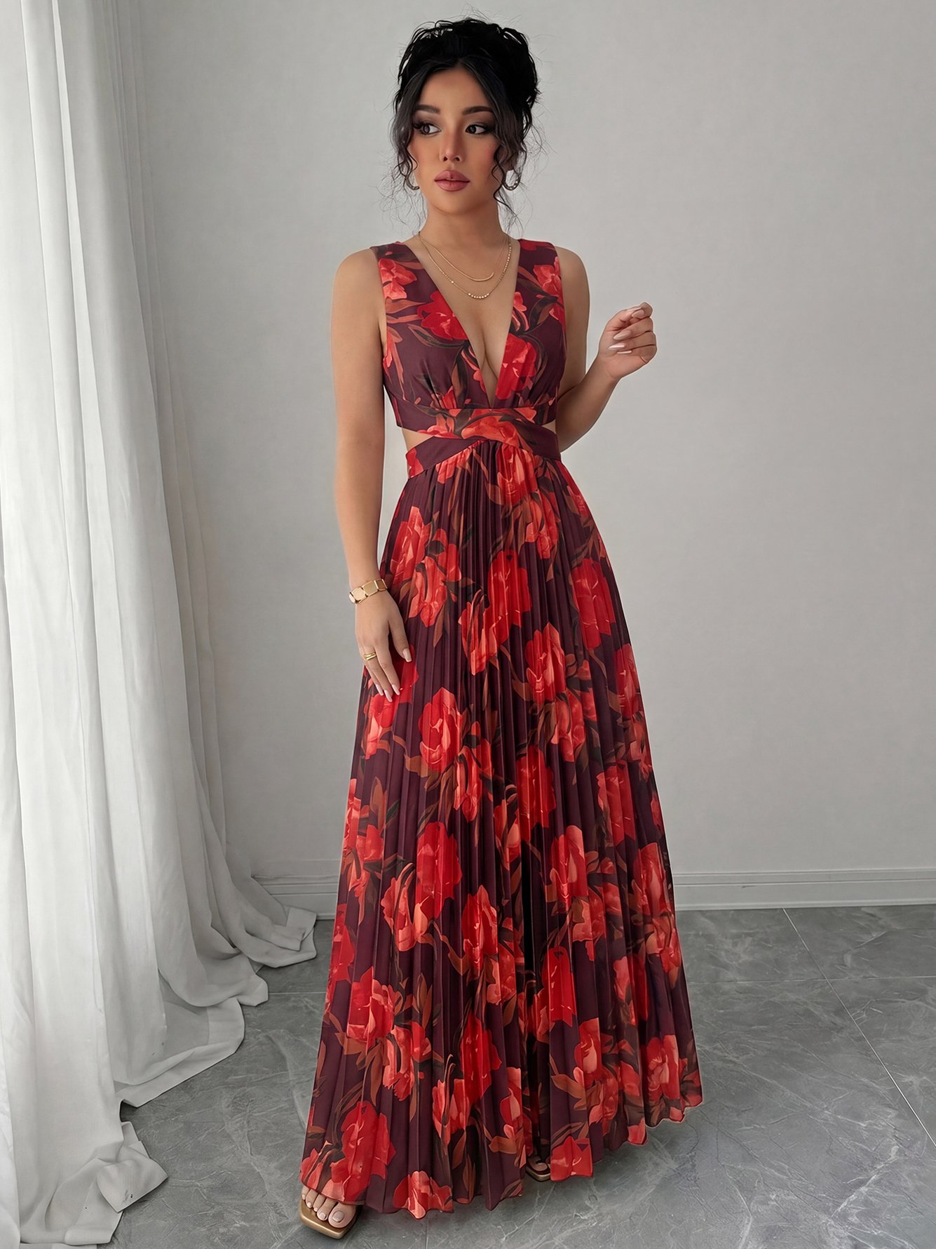 Burgundy Floral Print Sleeveless A-Line Maxi Dress