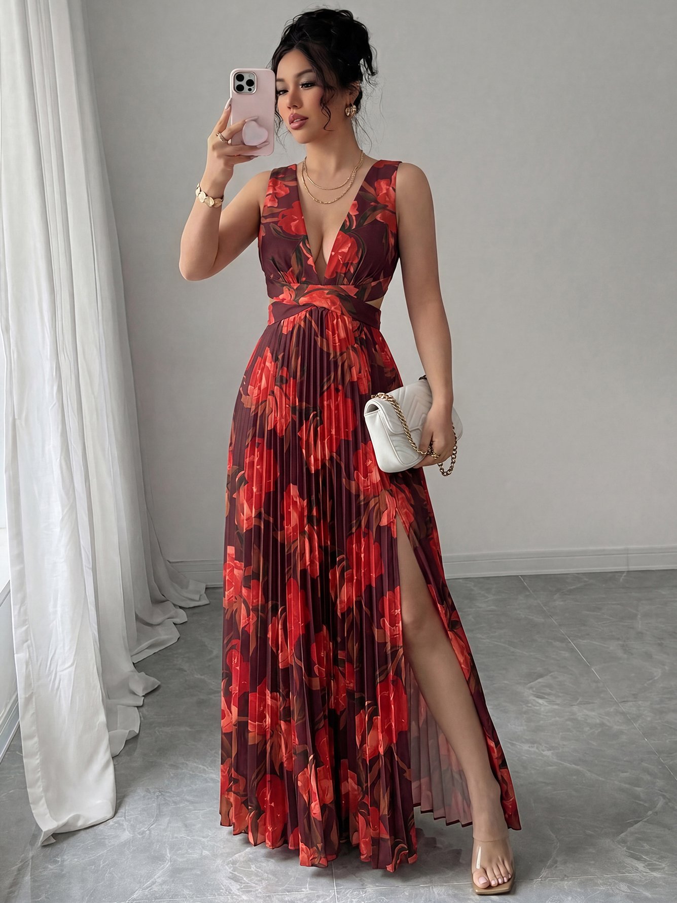 Burgundy Floral Print Sleeveless A-Line Maxi Dress