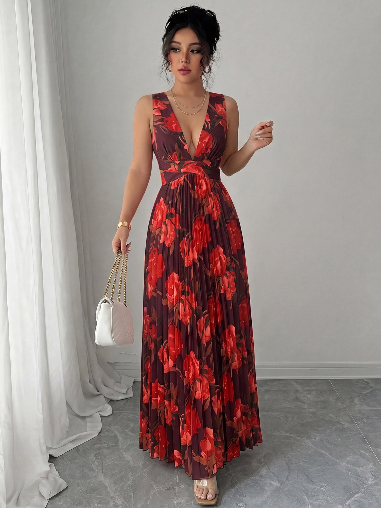 Burgundy Floral Print Sleeveless A-Line Maxi Dress