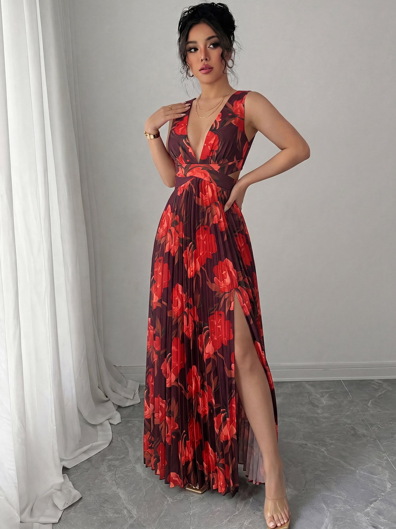 Burgundy Floral Print Sleeveless A-Line Maxi Dress