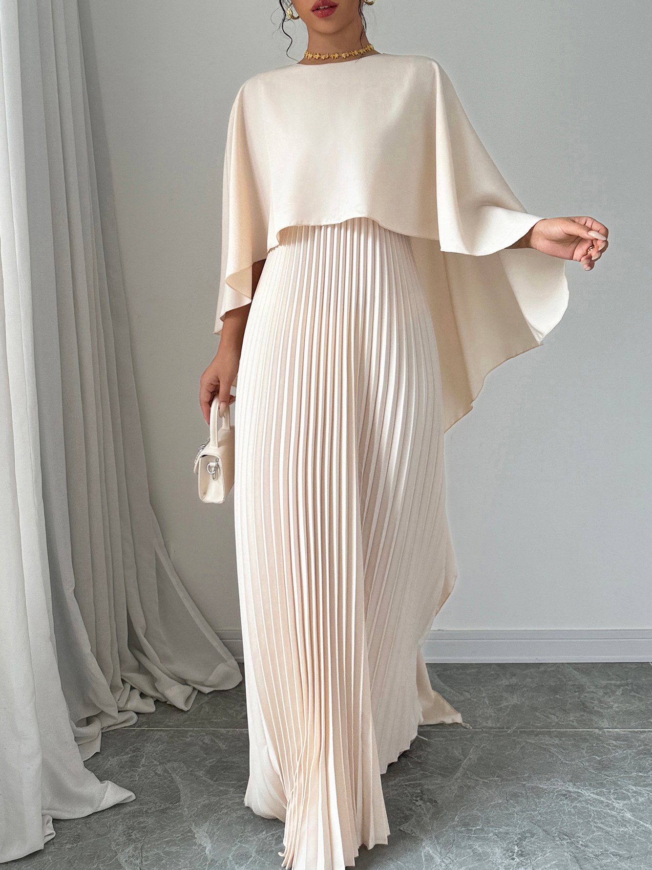 Beige Pleated Maxi Dress with Cape Sleeves