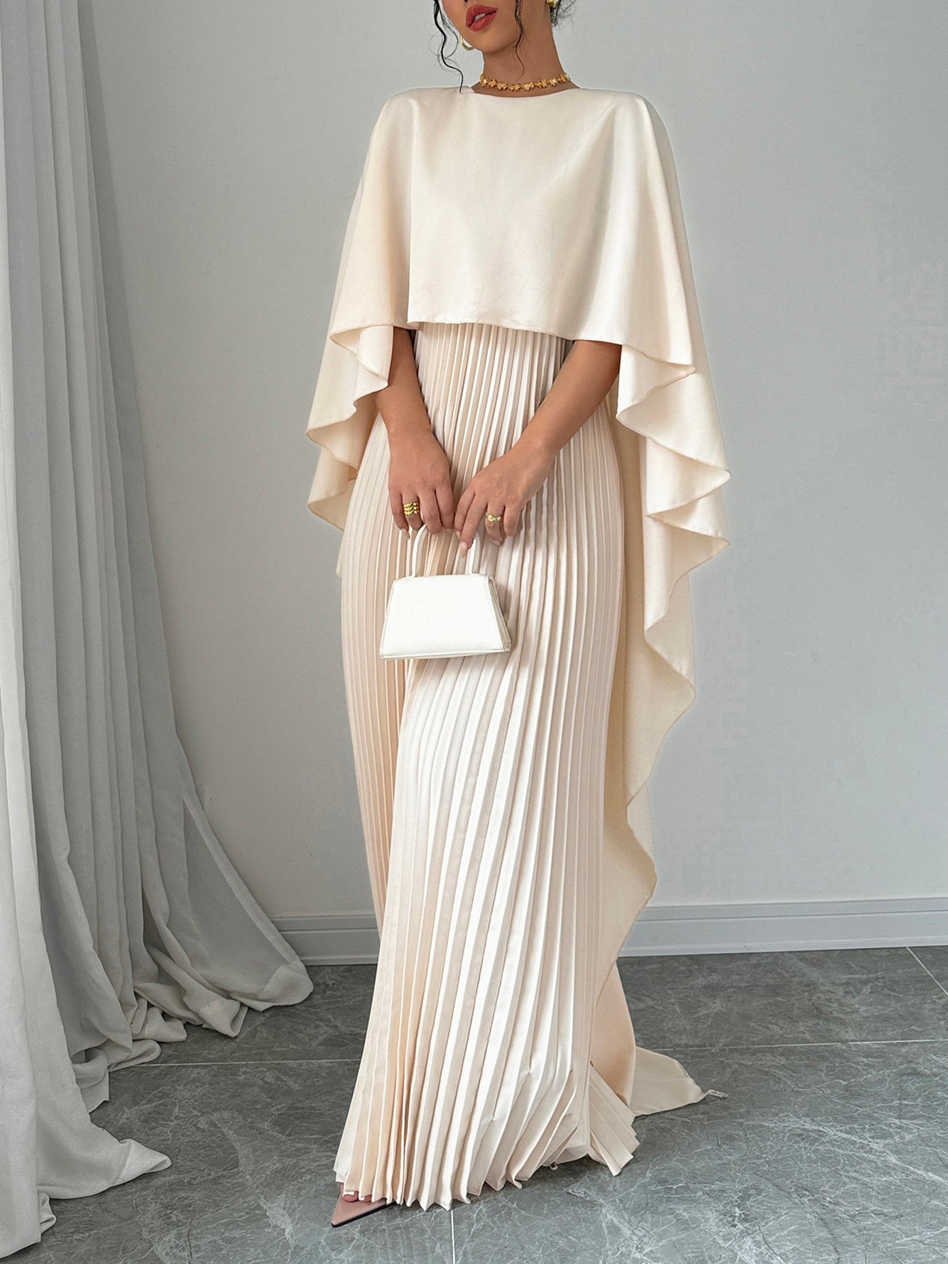 Beige Pleated Maxi Dress with Cape Sleeves