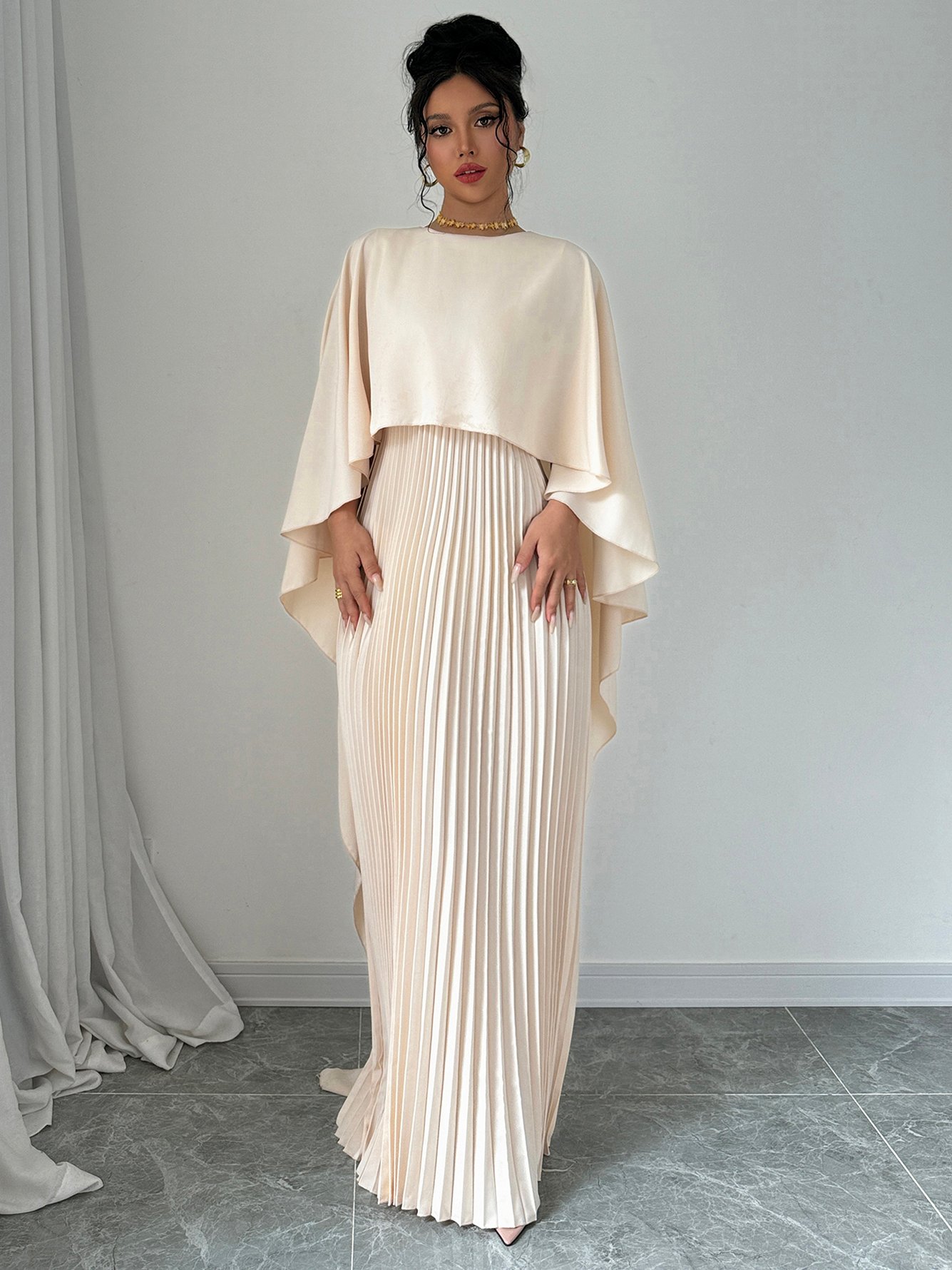 Beige Pleated Maxi Dress with Cape Sleeves