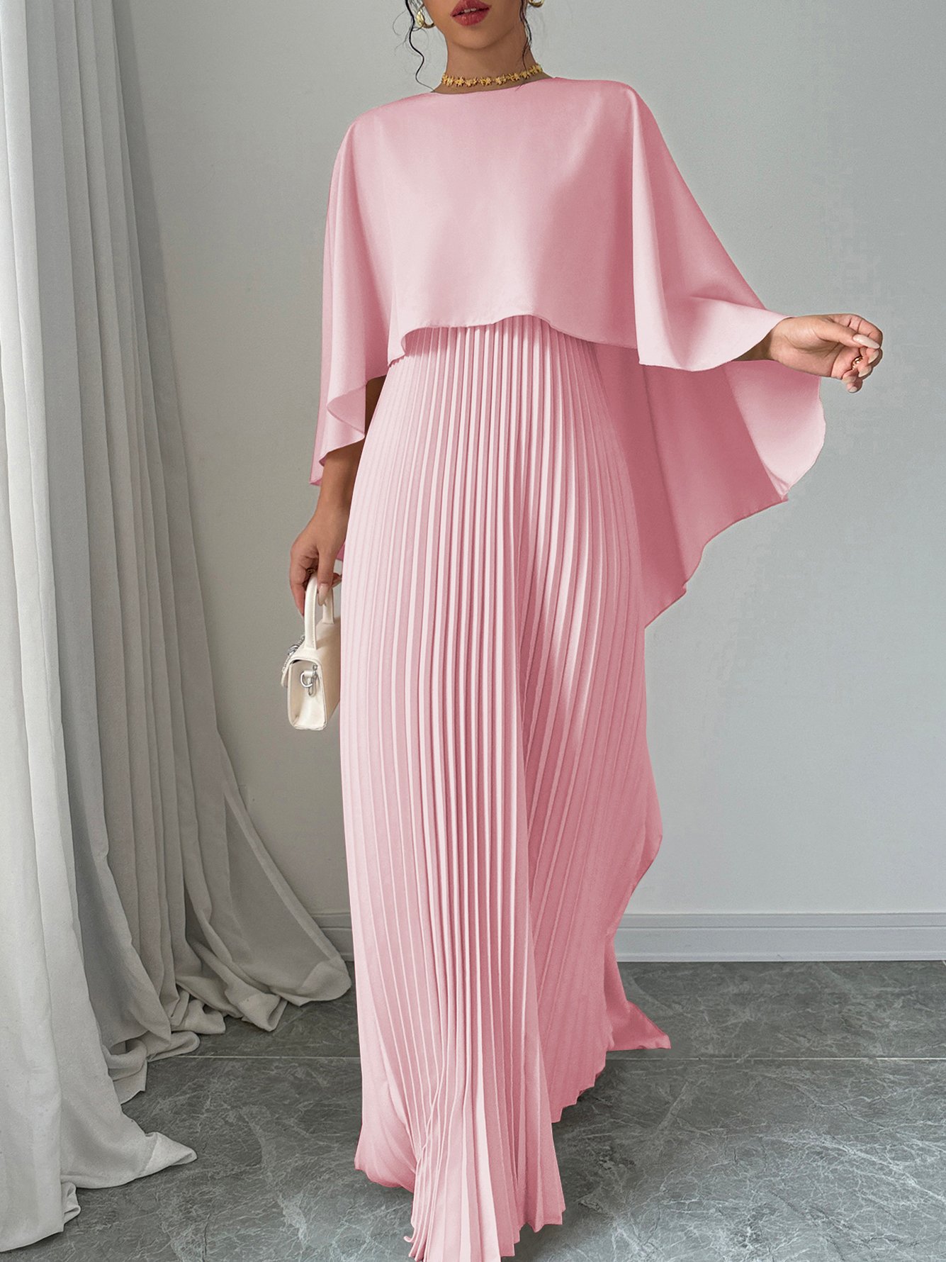 Pink Pleated Maxi Dress with Cape Sleeves
