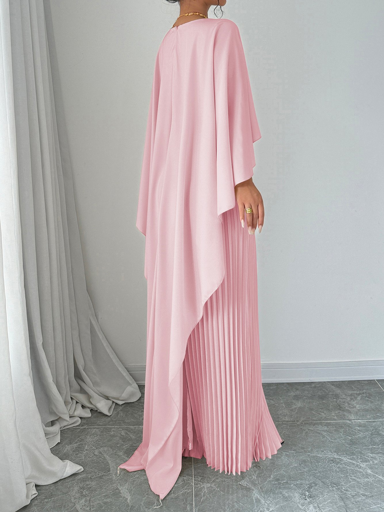 Pink Pleated Maxi Dress with Cape Sleeves