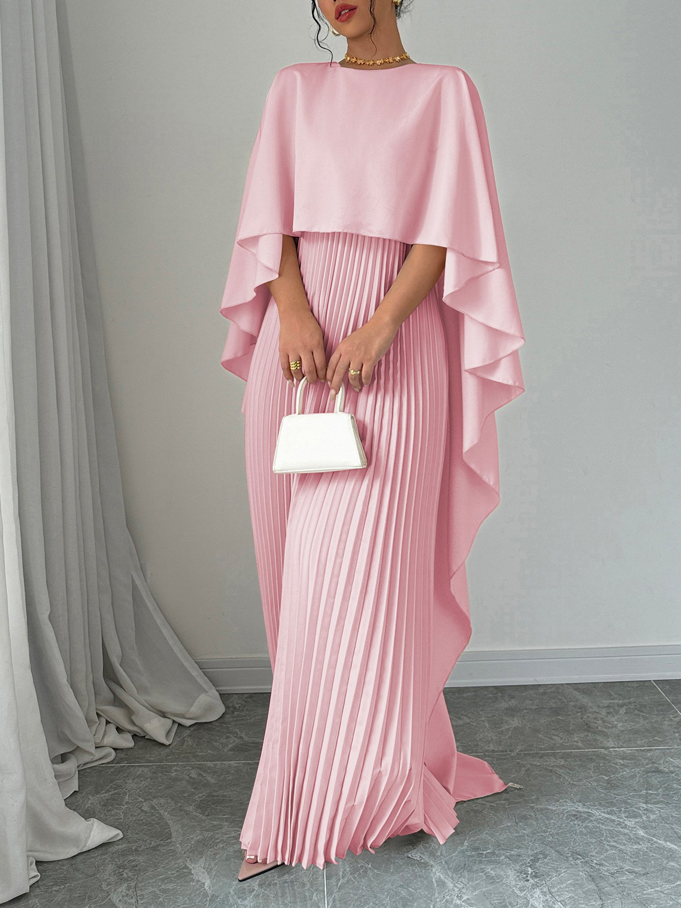 Pink Pleated Maxi Dress with Cape Sleeves
