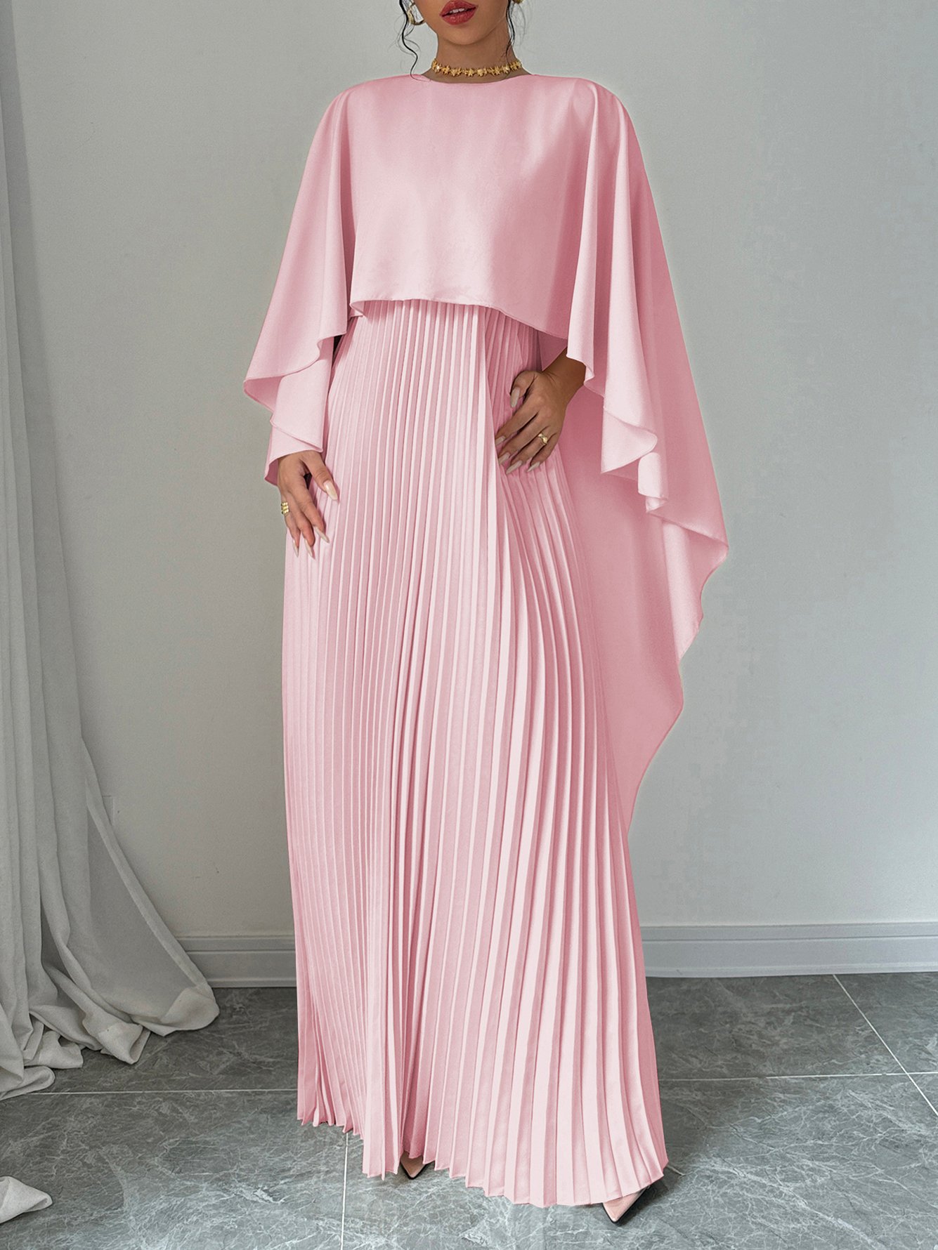 Pink Pleated Maxi Dress with Cape Sleeves