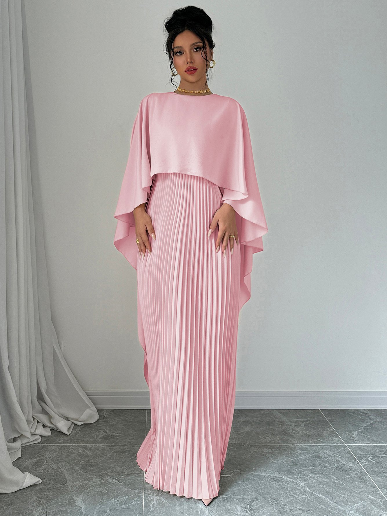 Pink Pleated Maxi Dress with Cape Sleeves