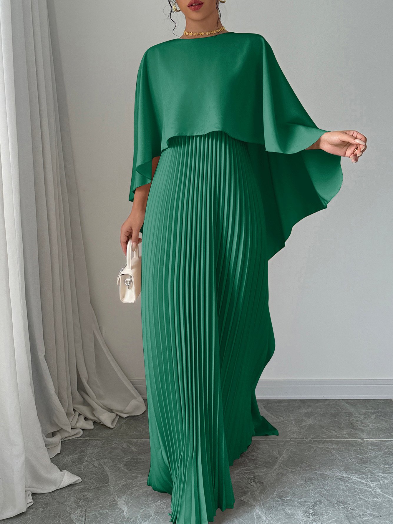 Dark Green Pleated Maxi Dress with Cape Sleeves