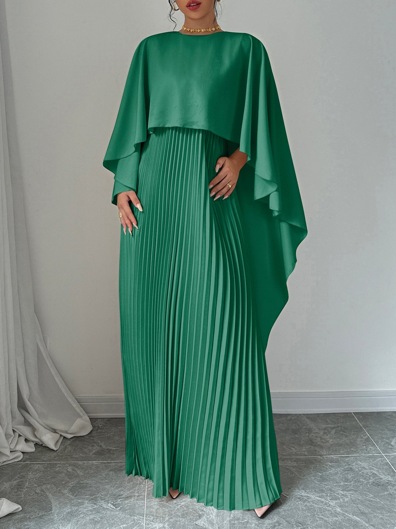Dark Green Pleated Maxi Dress with Cape Sleeves