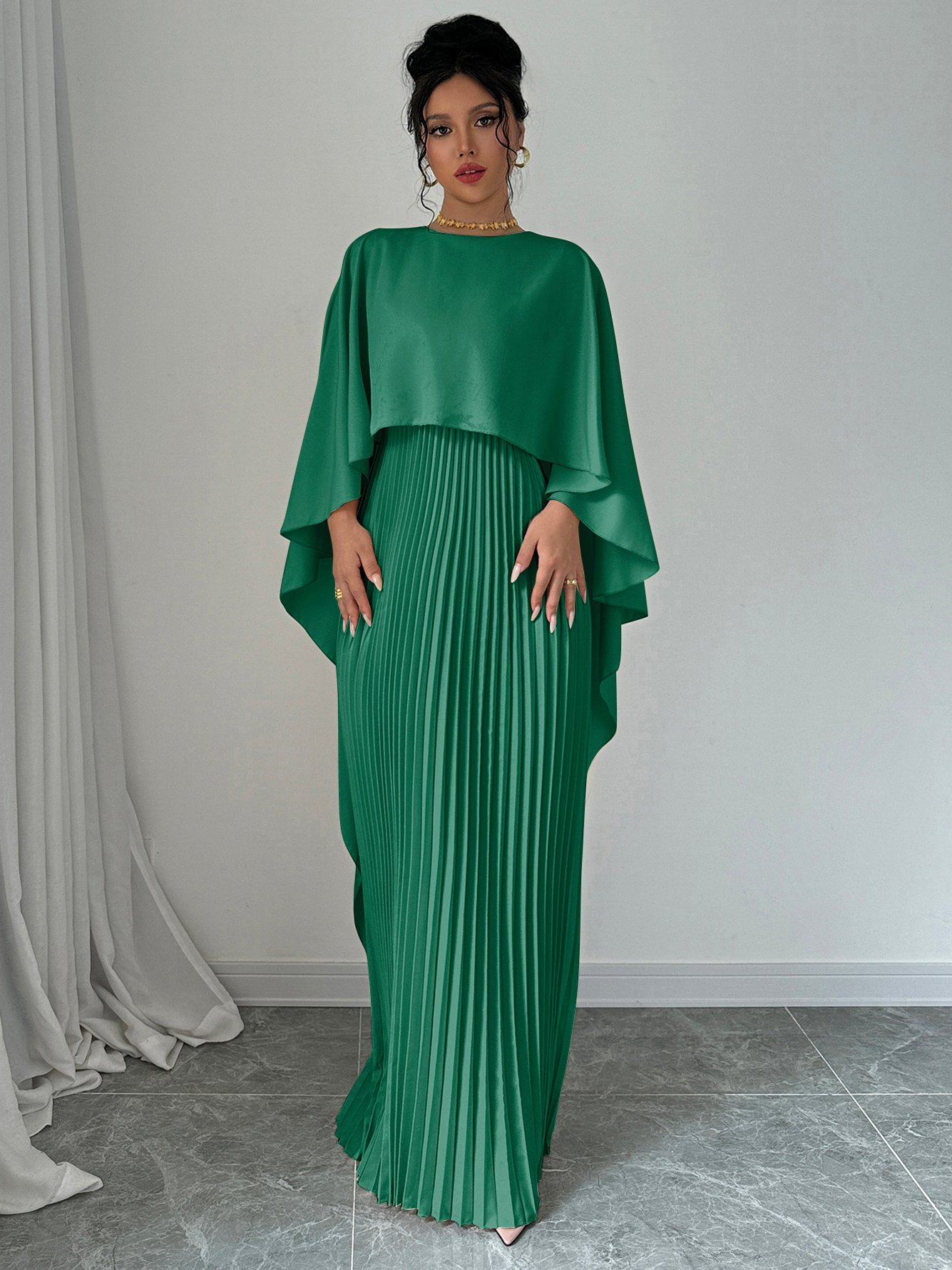 Dark Green Pleated Maxi Dress with Cape Sleeves