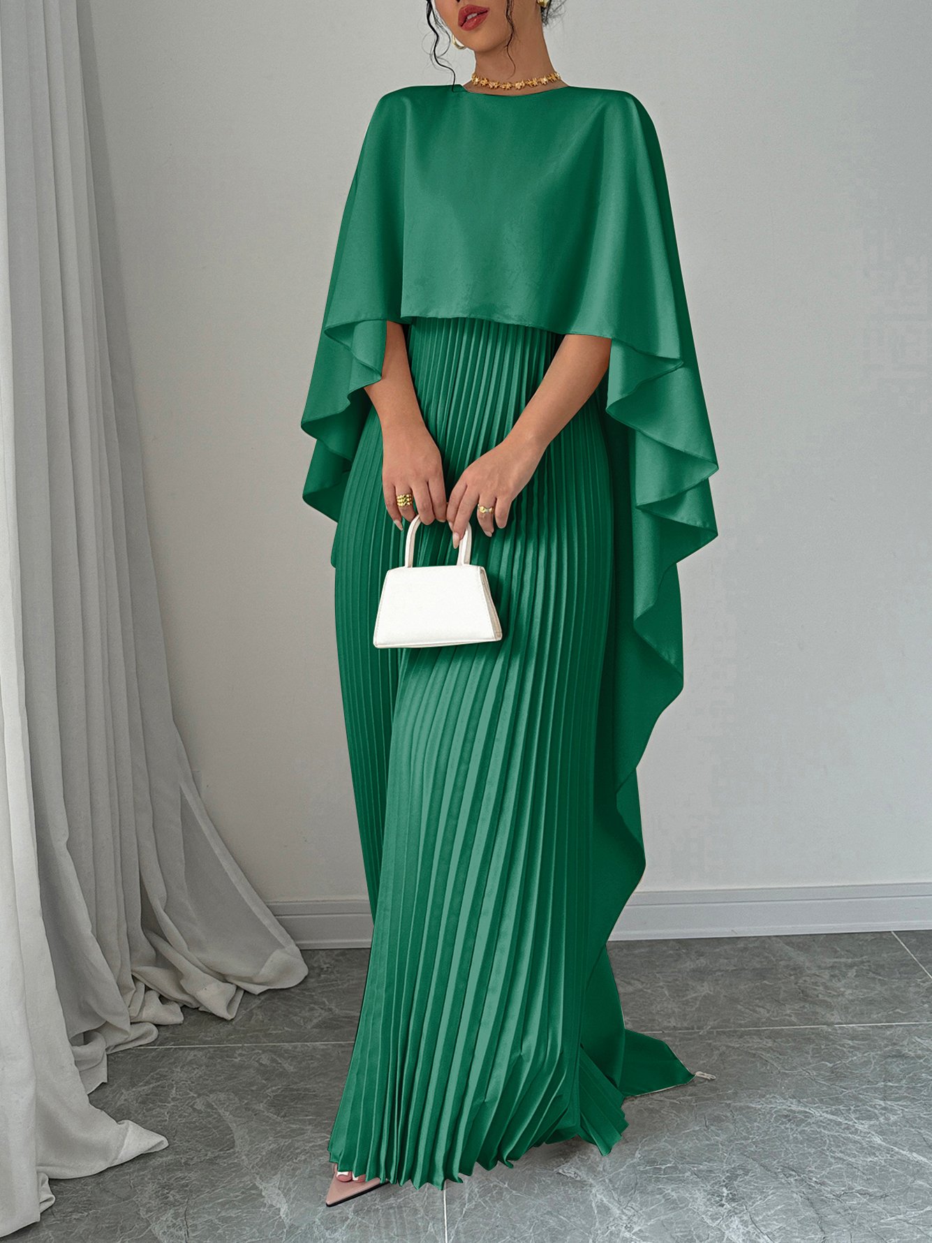 Dark Green Pleated Maxi Dress with Cape Sleeves