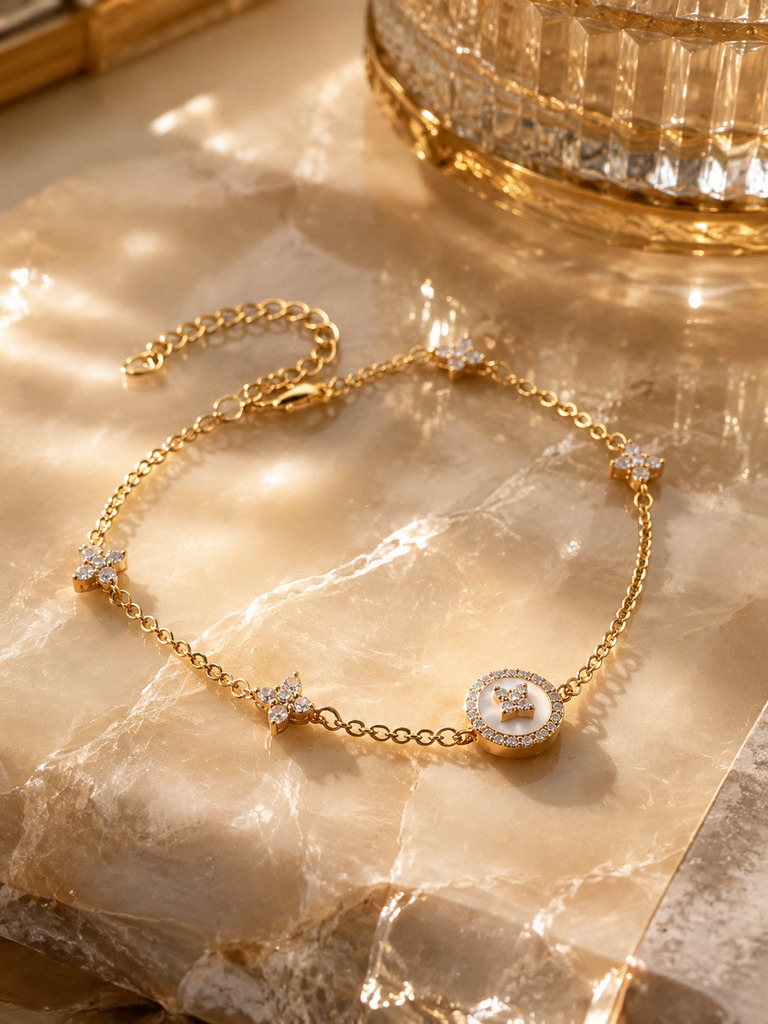 Golden Clover Charm Bracelet with Zirconia