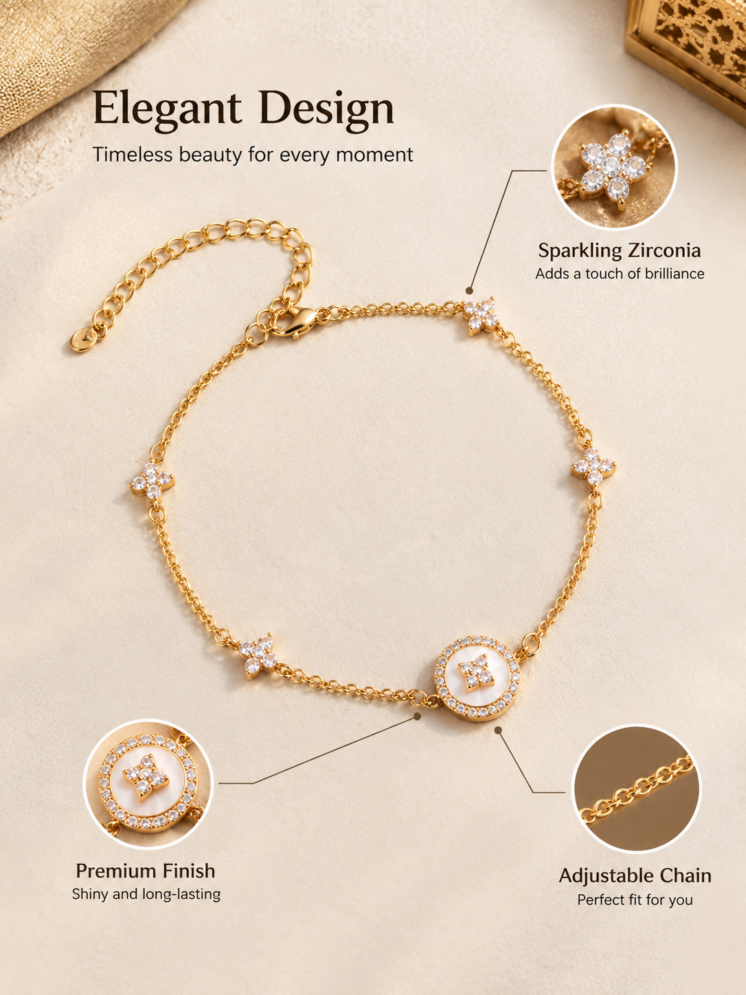Golden Clover Charm Bracelet with Zirconia