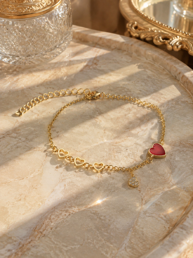 Gold Plated Red Heart Charm Bracelet