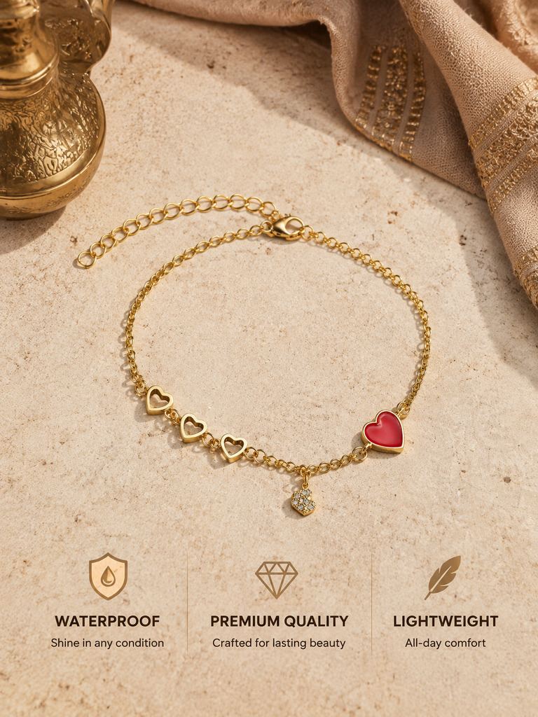 Gold Plated Red Heart Charm Bracelet