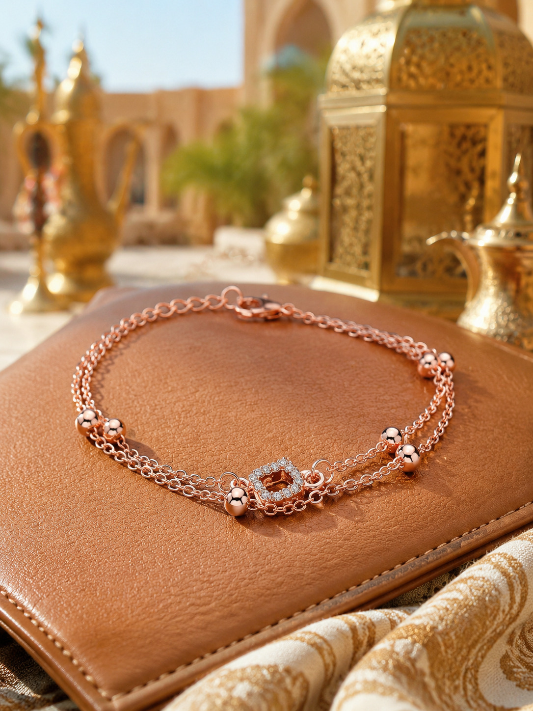 Golden Serenity Double Chain Bracelet with Zircon Charm