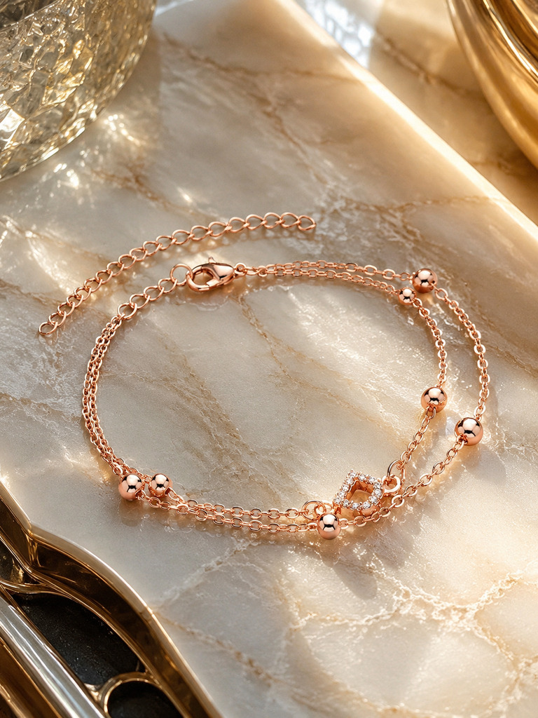 Golden Serenity Double Chain Bracelet with Zircon Charm