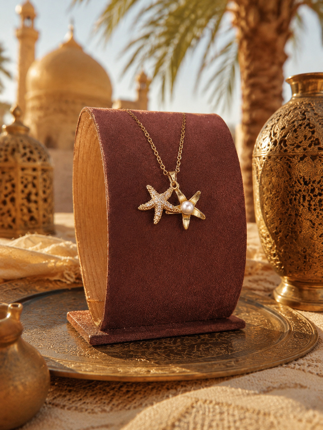 Golden Starfish Pearl Pendant Necklace