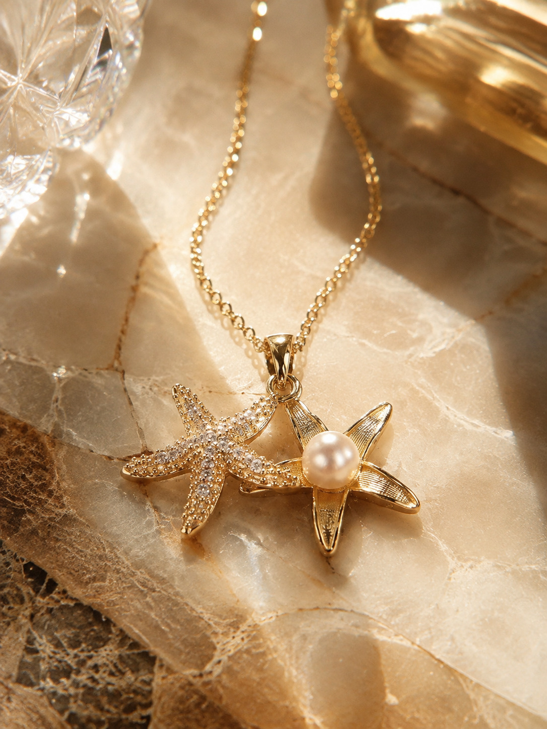 Golden Starfish Pearl Pendant Necklace