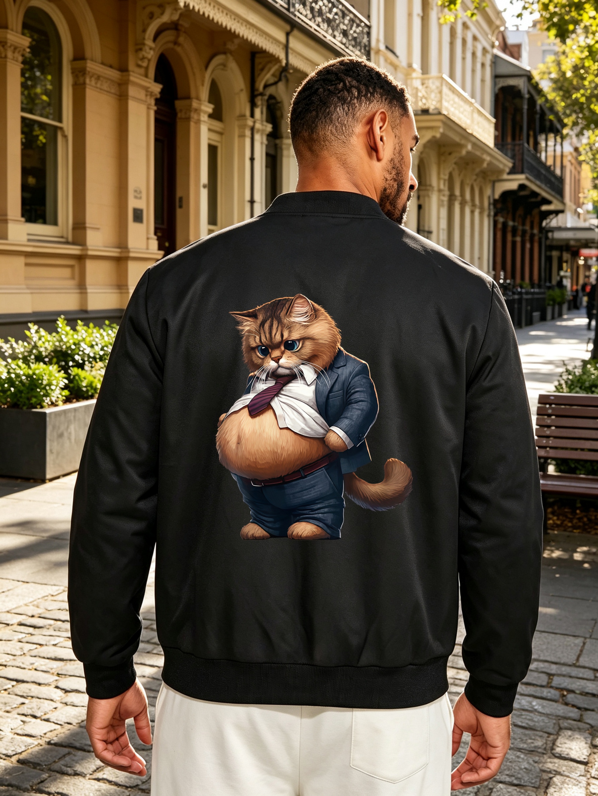 Black Bomber Jacket with Business Cat Print