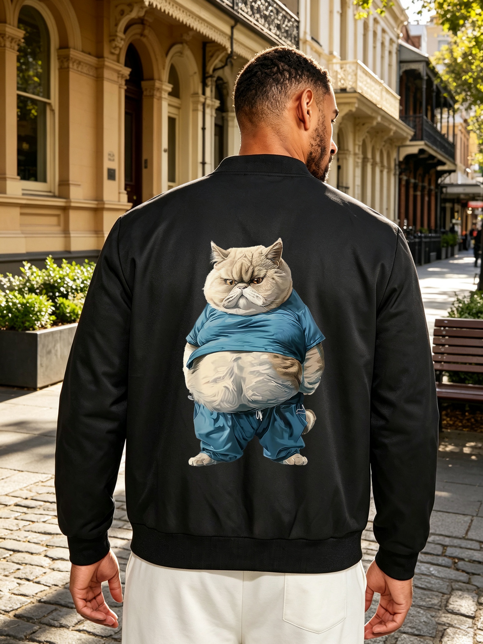 Black Zip-Up Bomber Jacket with Grumpy Cat Print