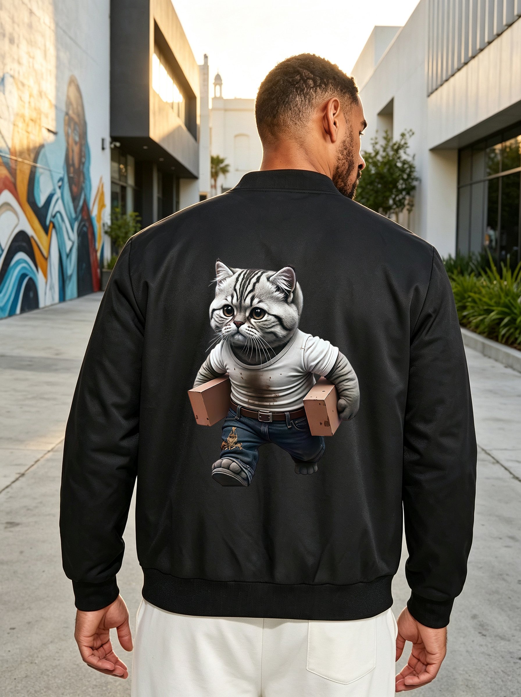 Black Bomber Jacket with Cute Cat Graphic