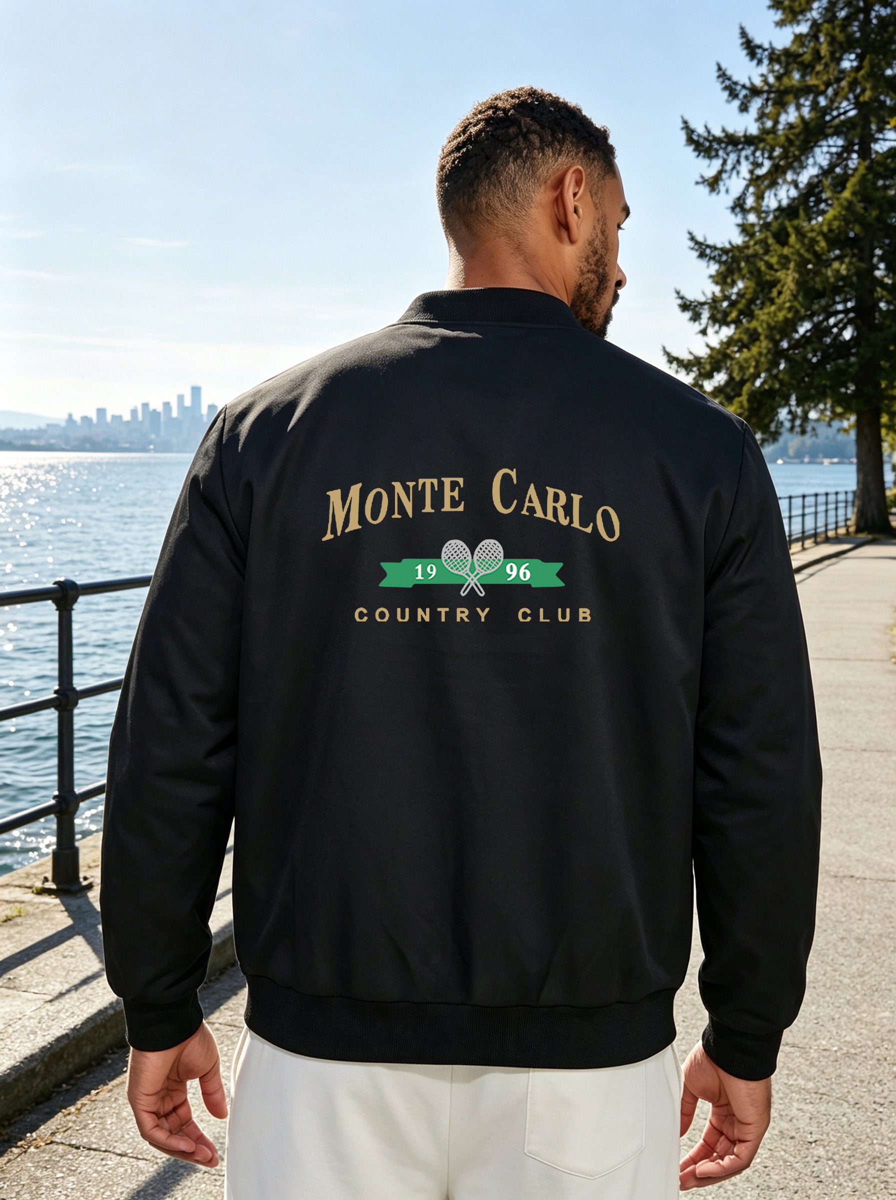 Black Graphic Zip-Up Bomber Jacket