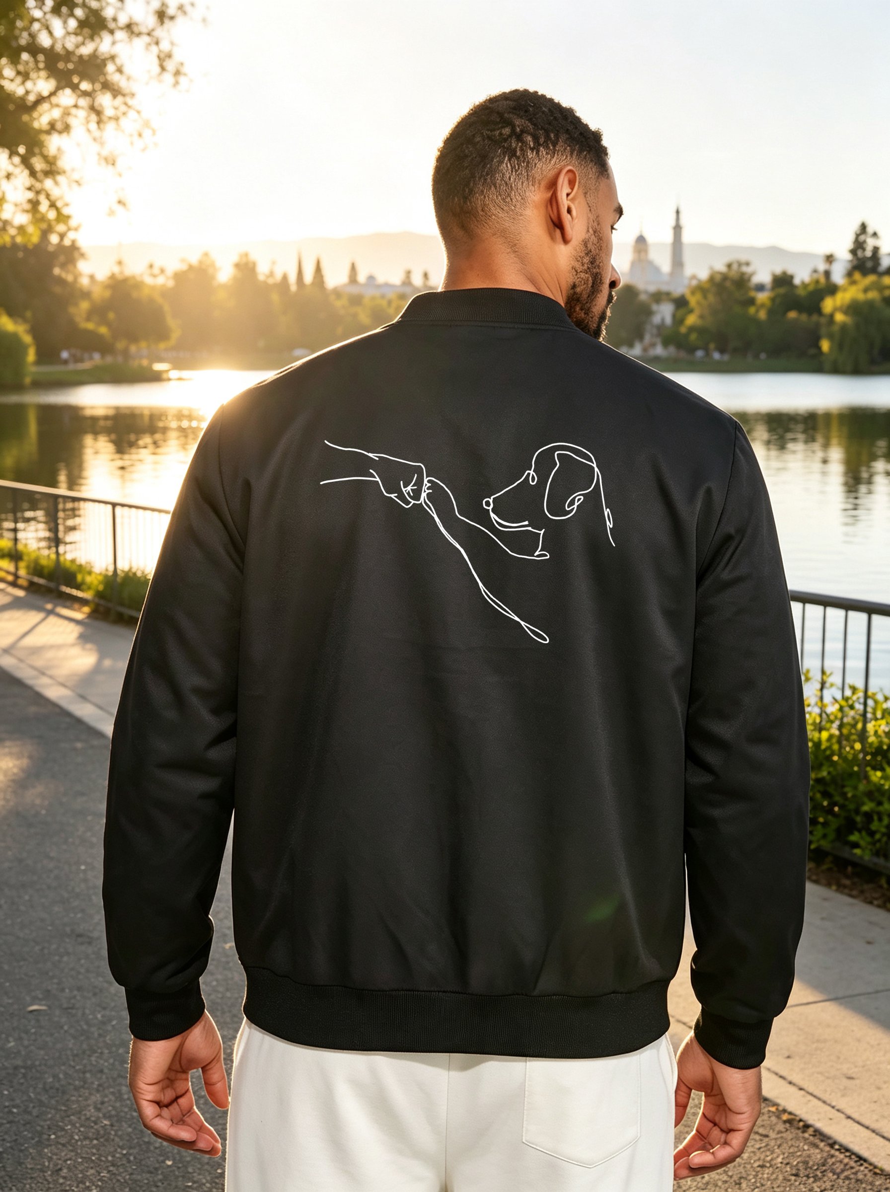 Black Zip-Up Bomber Jacket with Animal Line Art