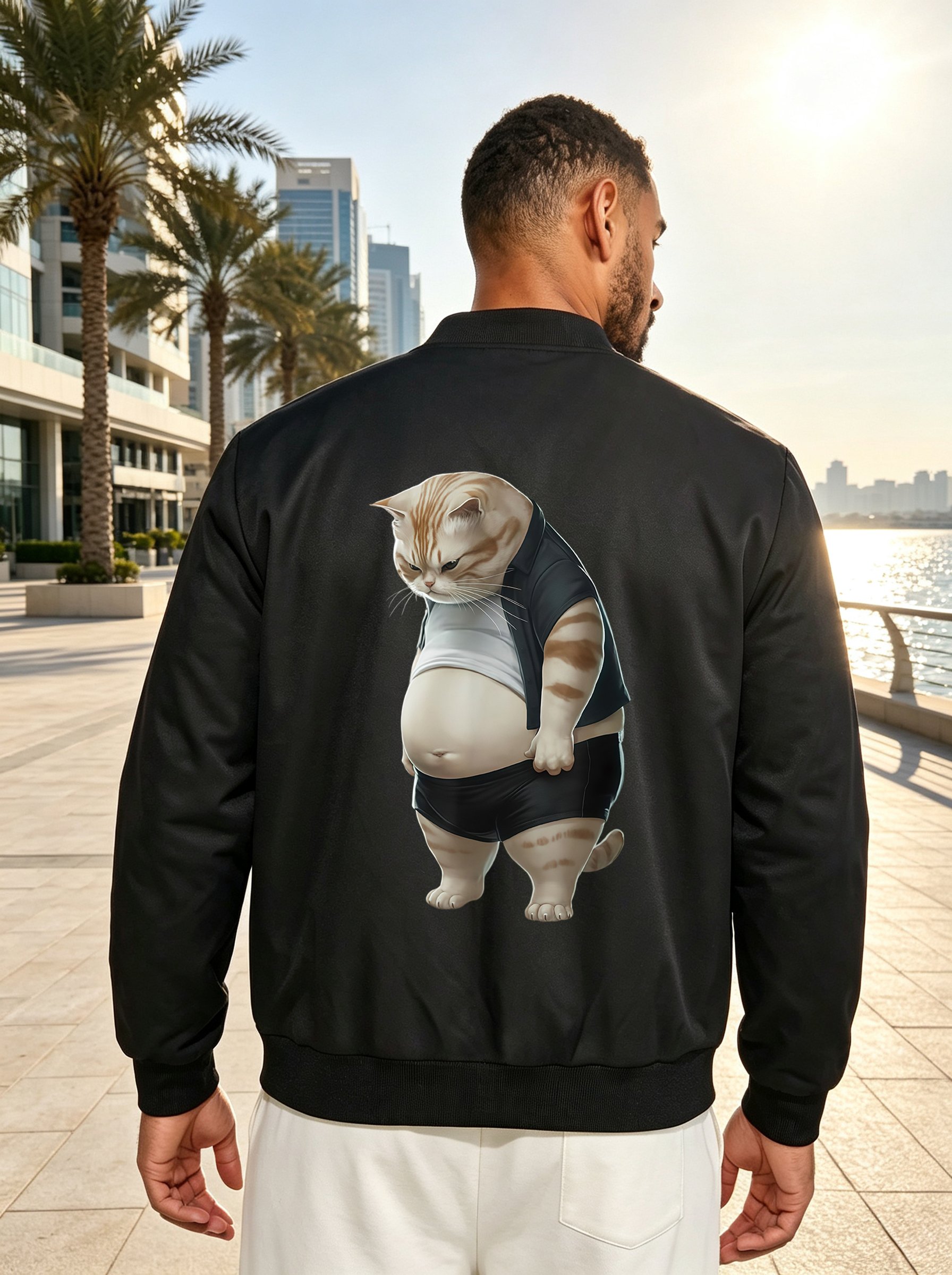 Black Zip Bomber Jacket with Cute Cat Print