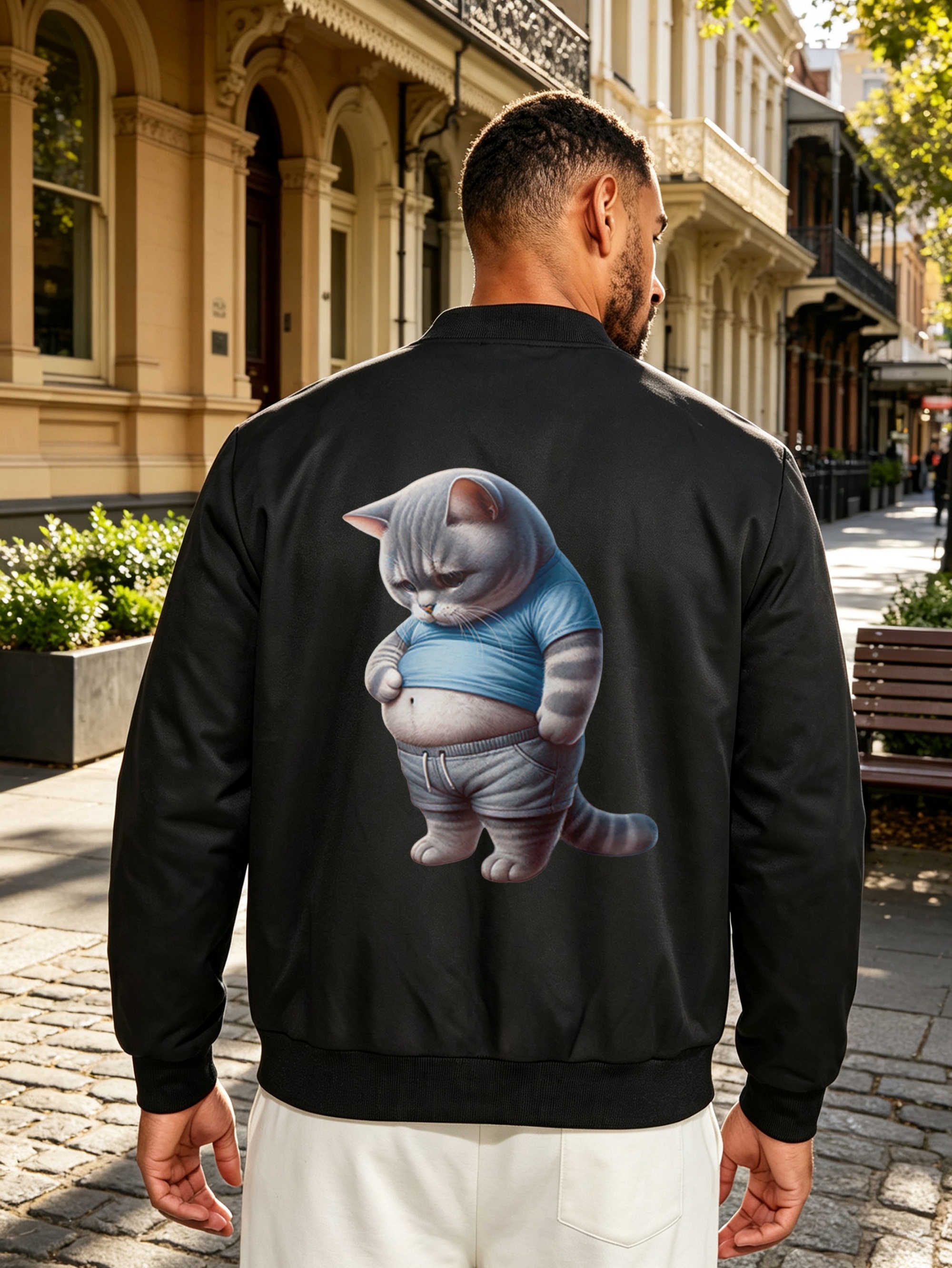 Black Zip-Up Bomber Jacket with Cute Cat Print