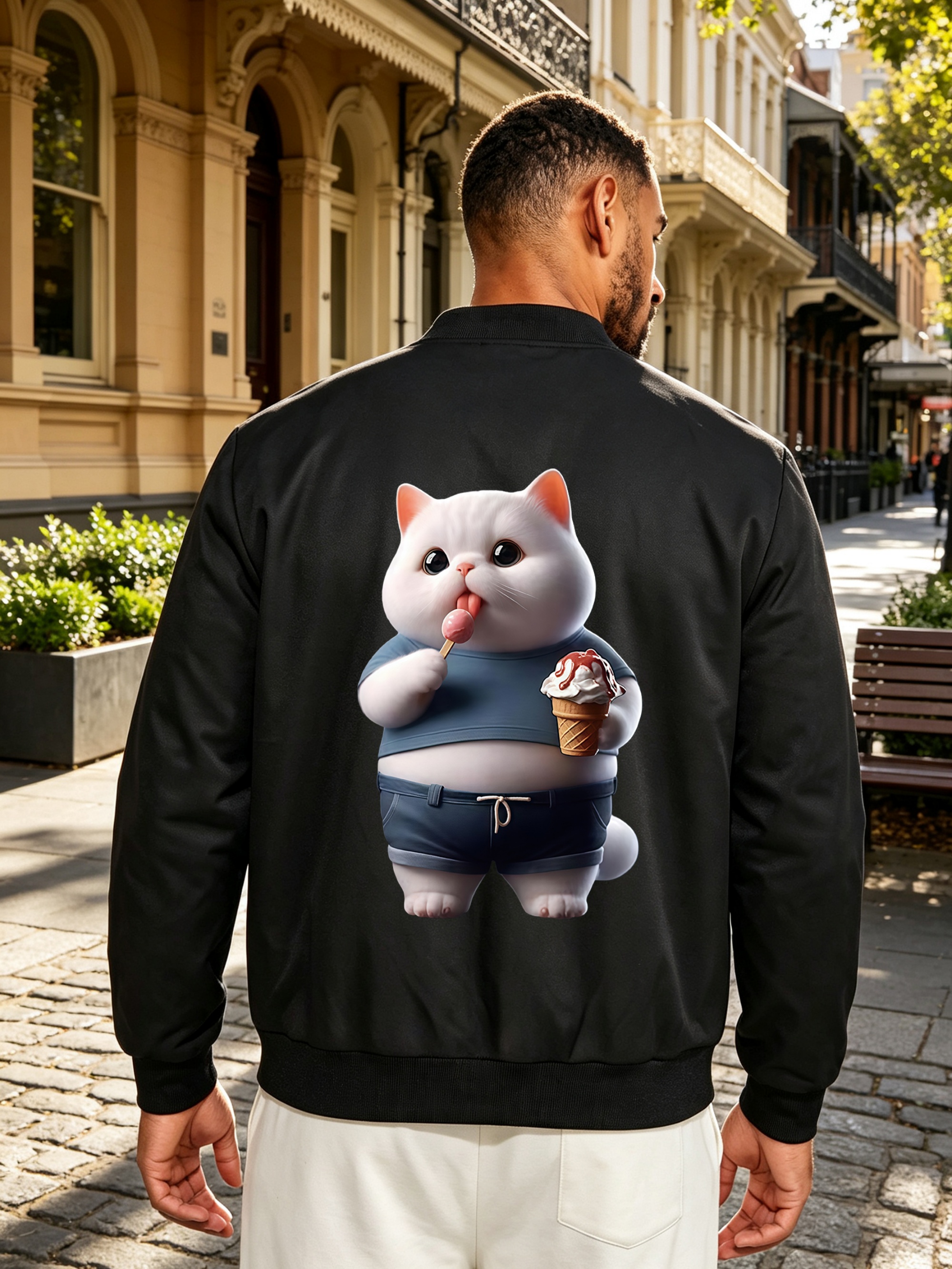 Black Zip-Up Bomber Jacket with Cute Cat Print
