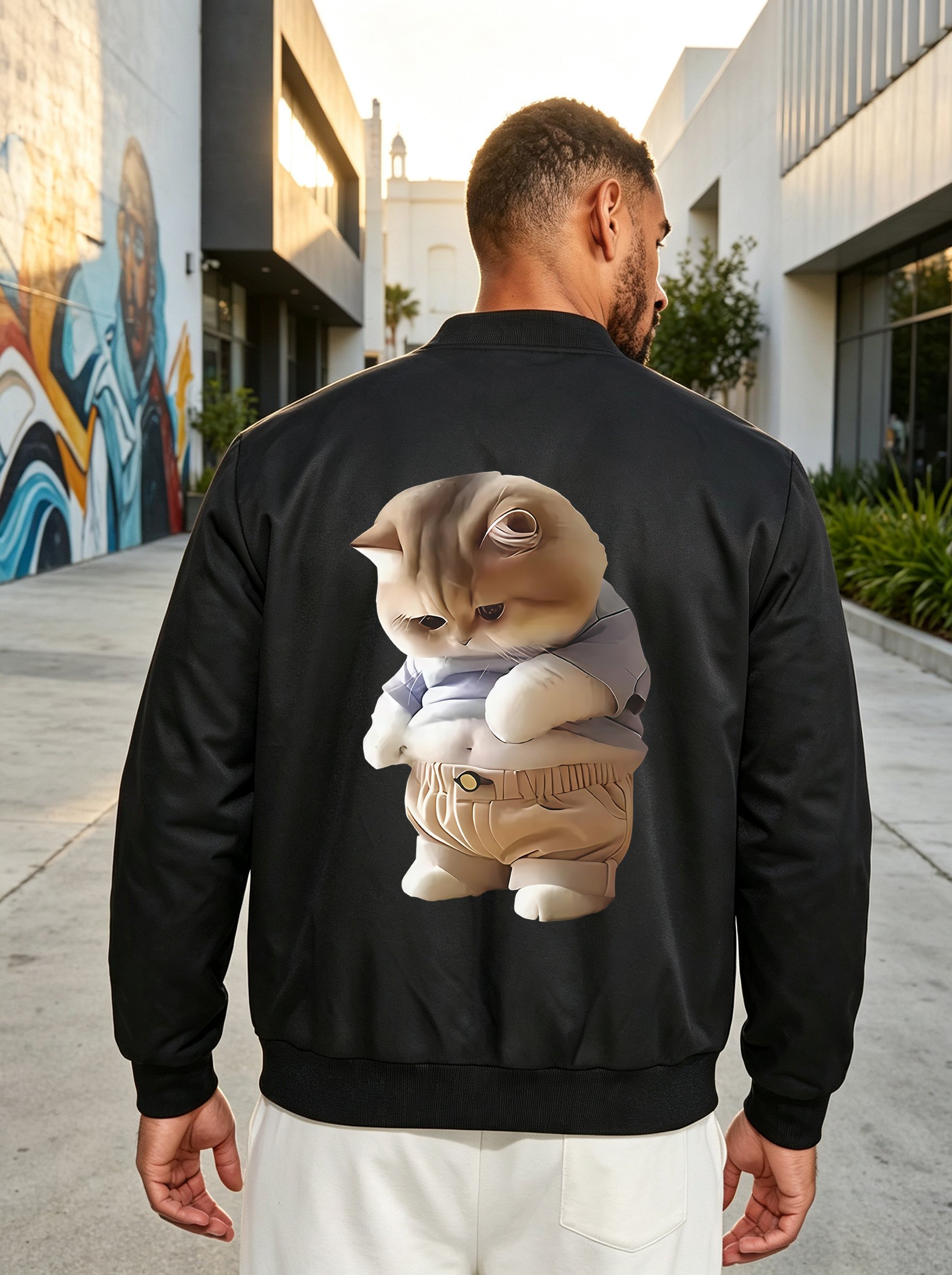Black Zip-Up Bomber Jacket with Cute Cat Print