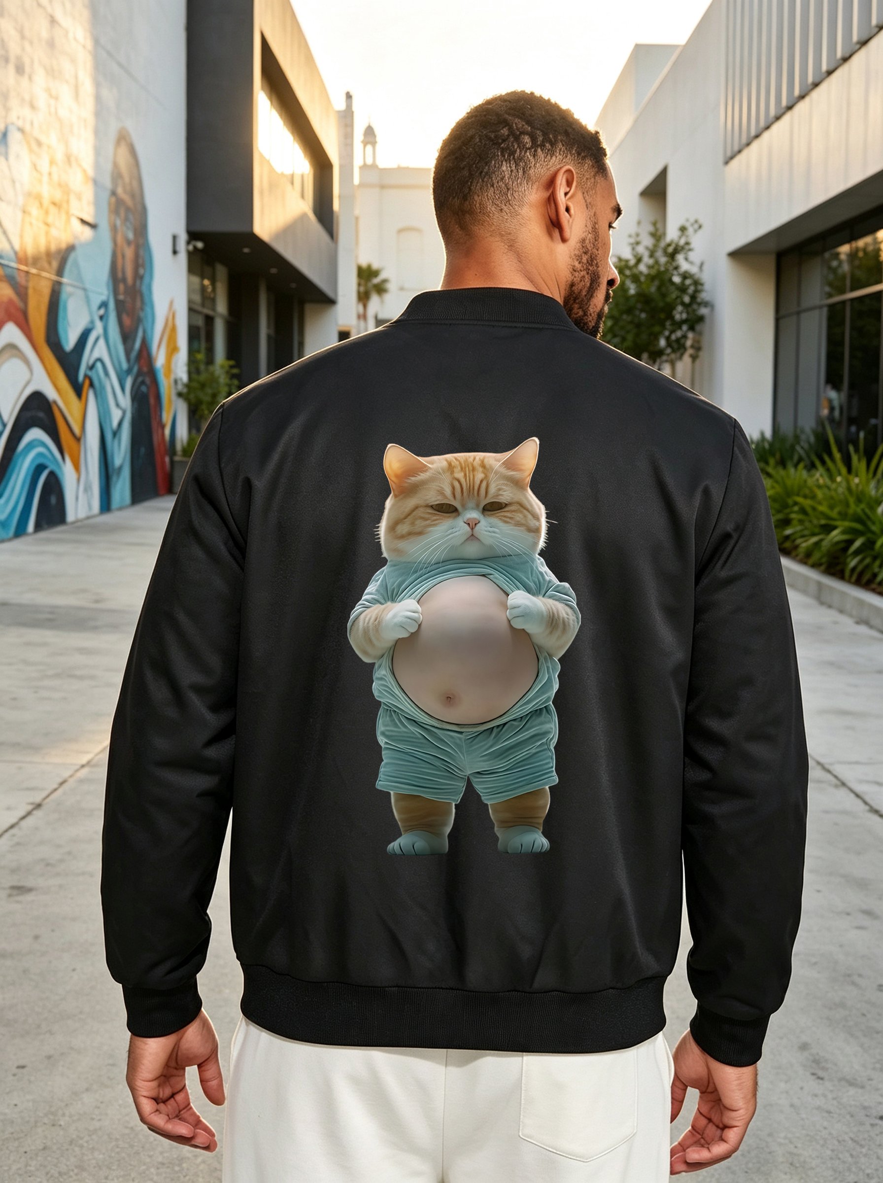 Black Zip-Up Bomber Jacket with Cute Cat Print
