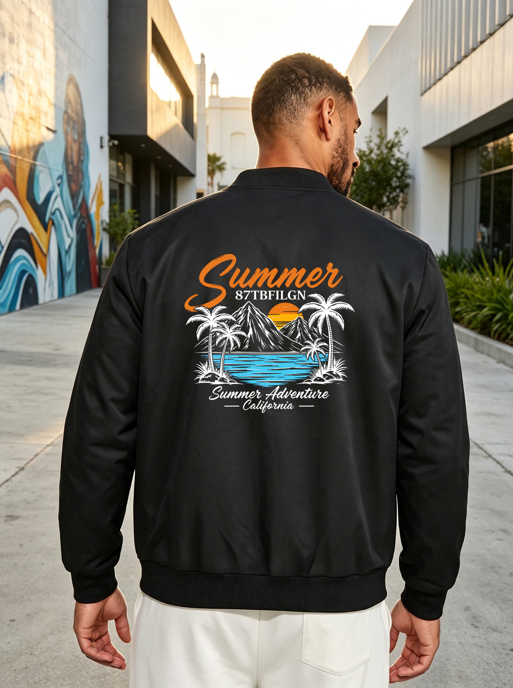 Black Graphic Print Bomber Jacket with Zip Closure
