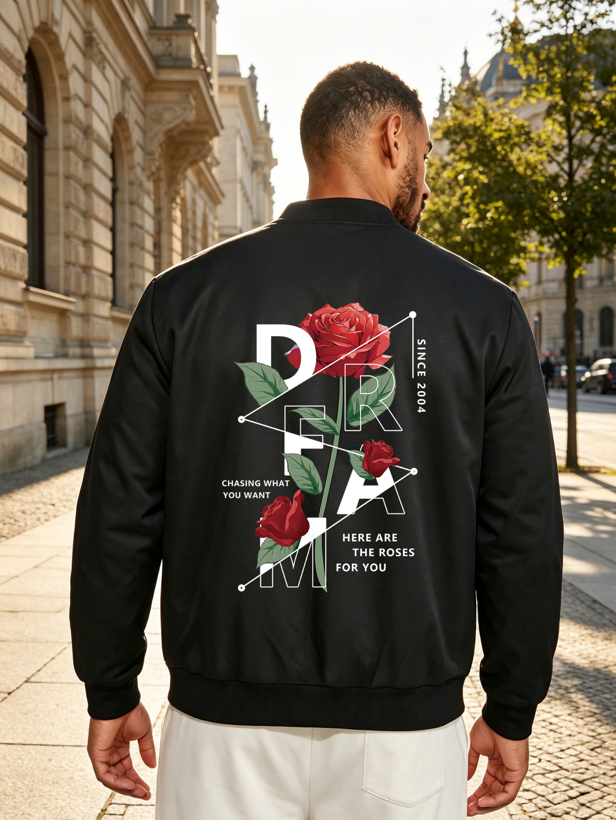 Black Graphic Rose Print Zip-Up Bomber Jacket