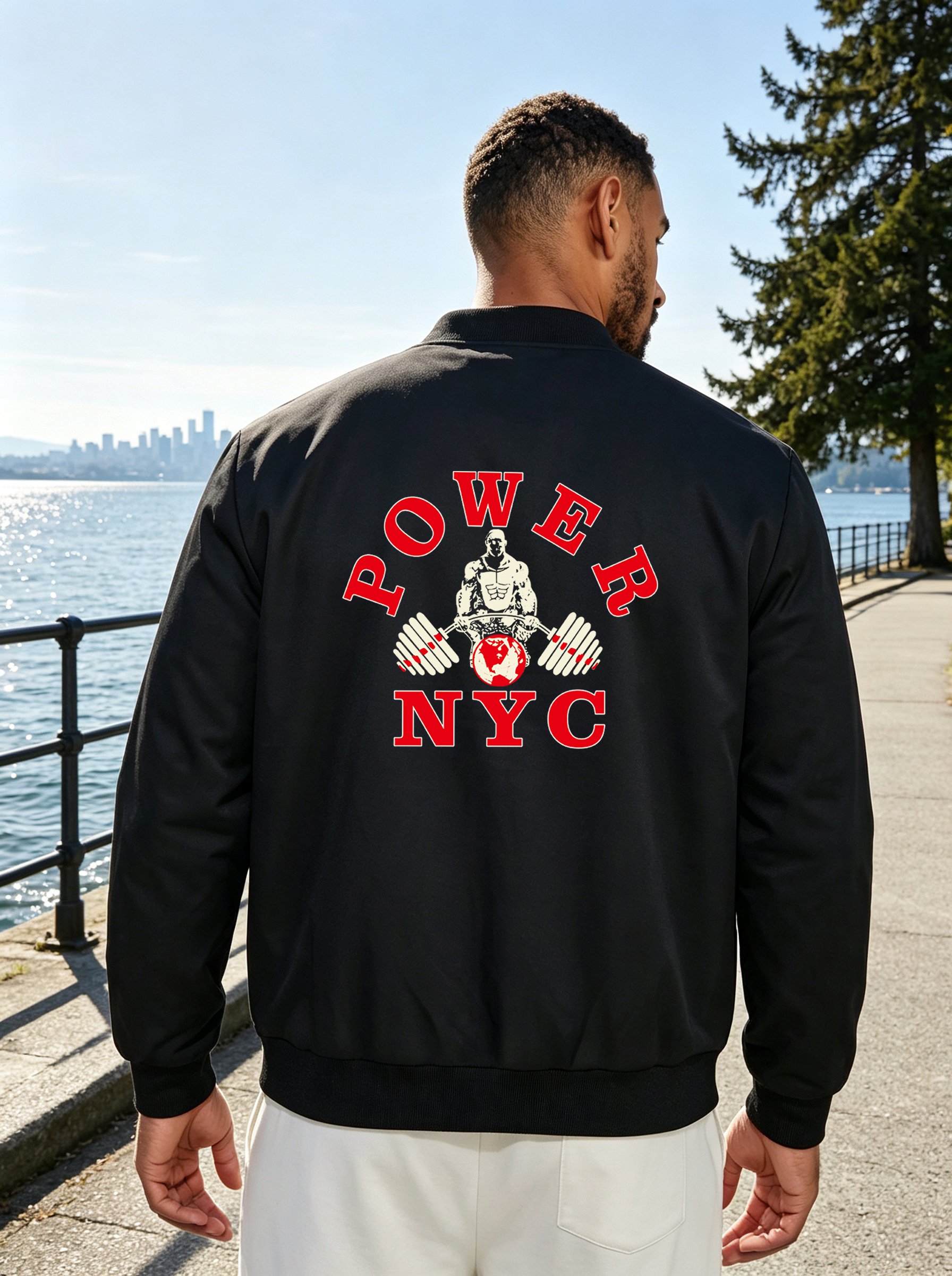 Black Graphic Zip-Up Bomber Jacket