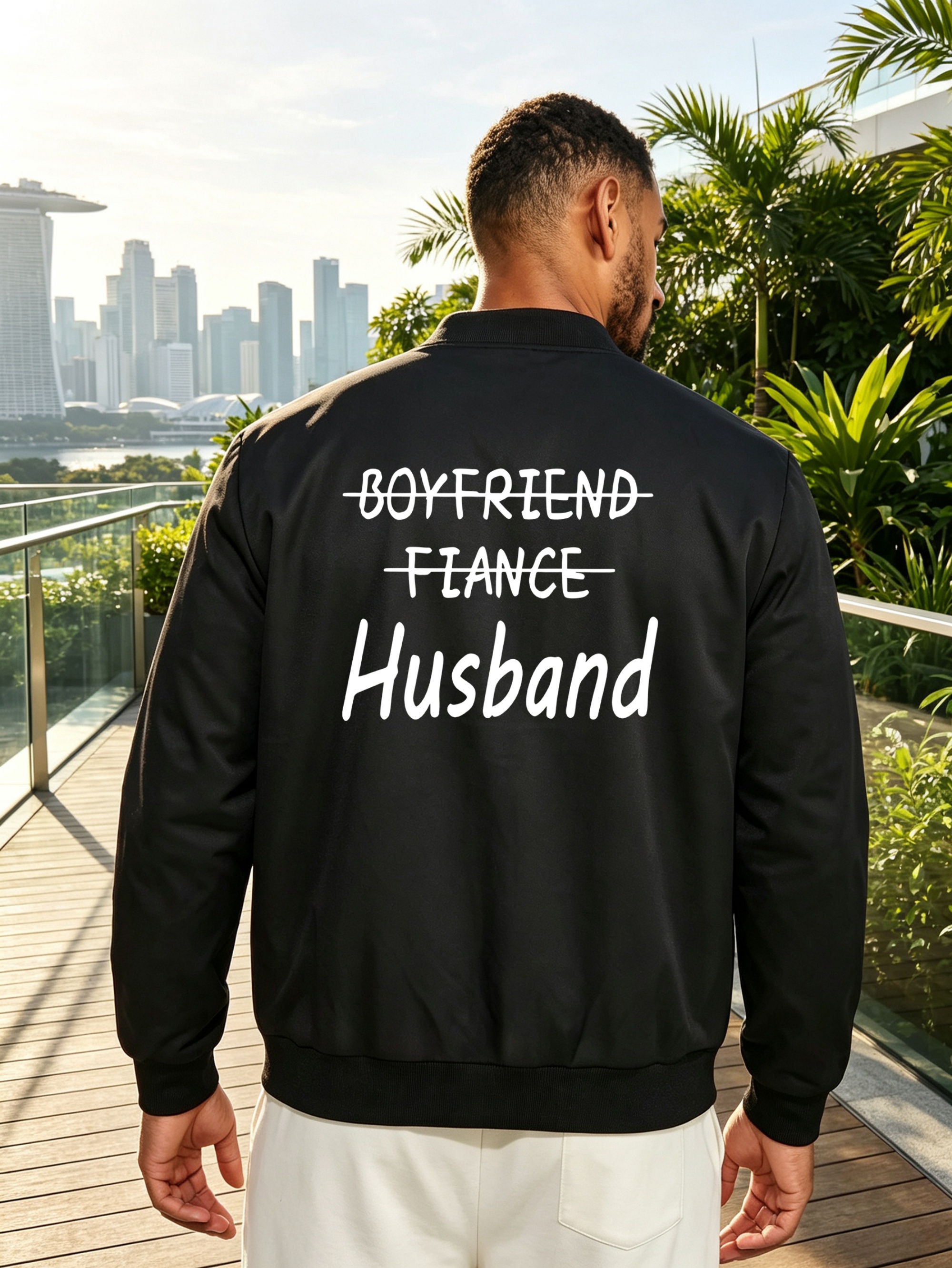 Black Slogan Print Zip-Up Bomber Jacket